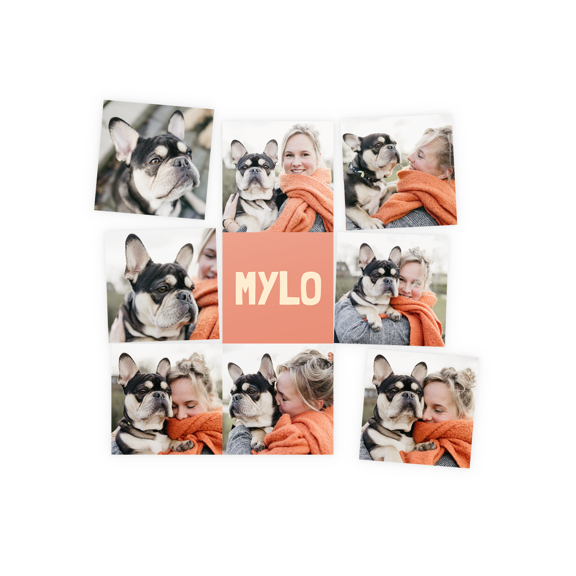 Magneti personalizzati stampati con collage di foto di un bouledogue francese e il nome Mylo