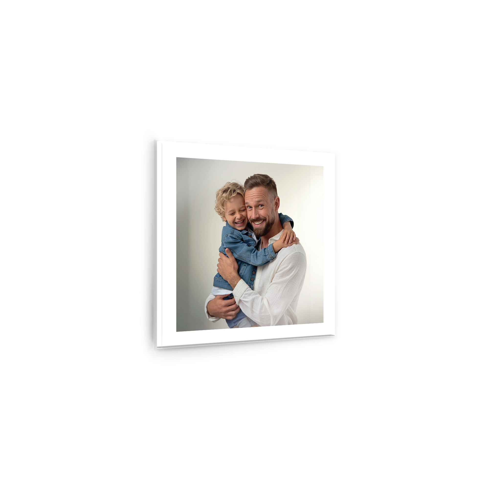 Acrylic photo printed with a customized photo of a smiling father holding his child.