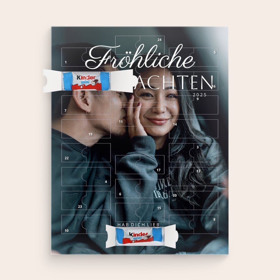 Personalisierter Adventskalender mit kinder-Schokolade Personalisierter Mini-Schoko-Adventskalender für Kinder, bedruckt mit Pärchenfoto und "Fröhliche Weihnachten".