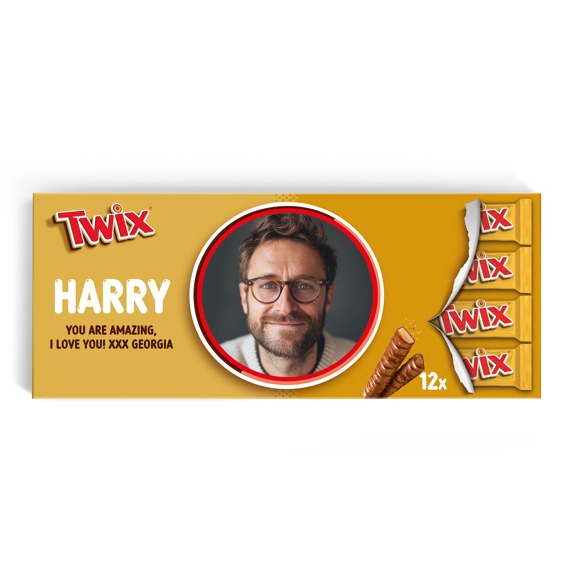 Baton personalizat de ciocolată XXL Twix cu fotografie și mesaj, imprimat cu numele Harry