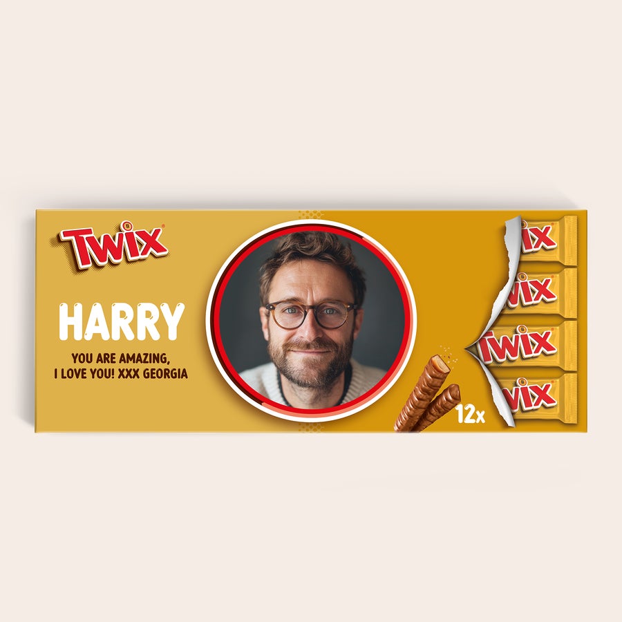 Baton de ciocolată Twix XXL personalizat Baton personalizat de ciocolată XXL Twix cu fotografie și mesaj, imprimat cu numele Harry