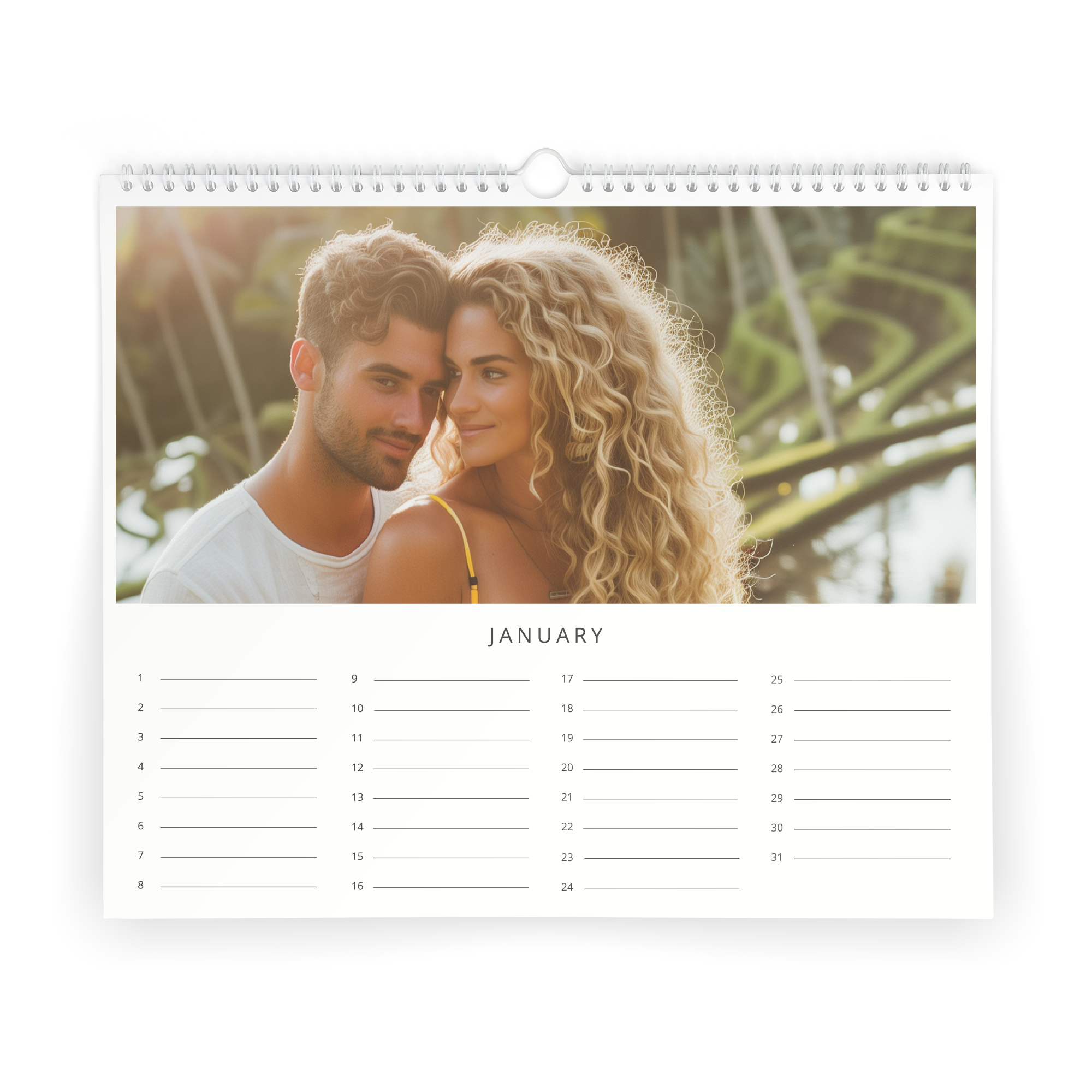 Calendario de cumpleaños personalizado con foto de una pareja y el mes de enero.