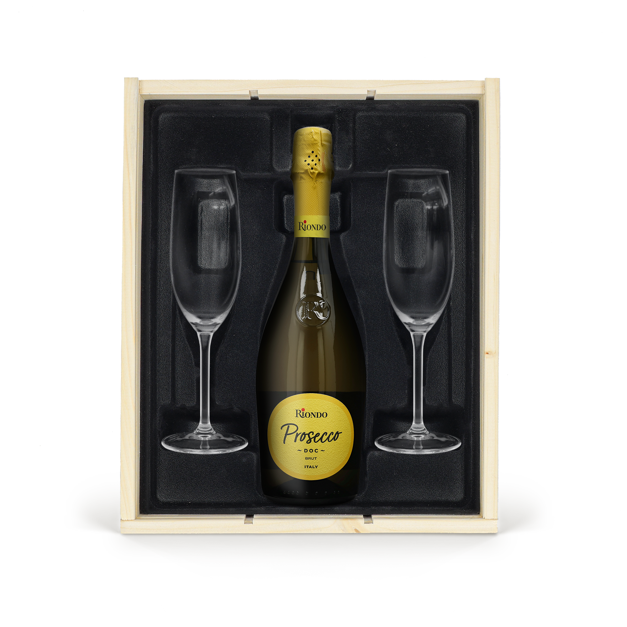 Riondo Prosecco fles met 2 glazen in open gepersonaliseerde houten kist, gegraveerd met eigen tekst.