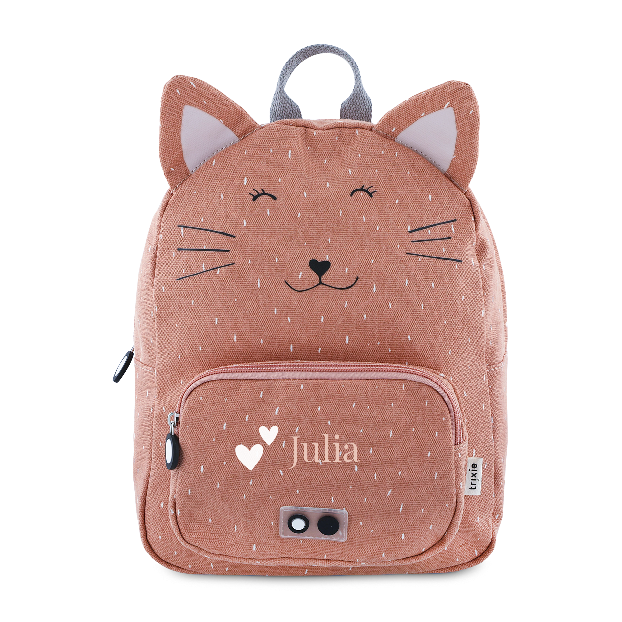 Rosa barnryggsäck med tryckt kattansikte och namn Julia, personlig barnryggsäck.