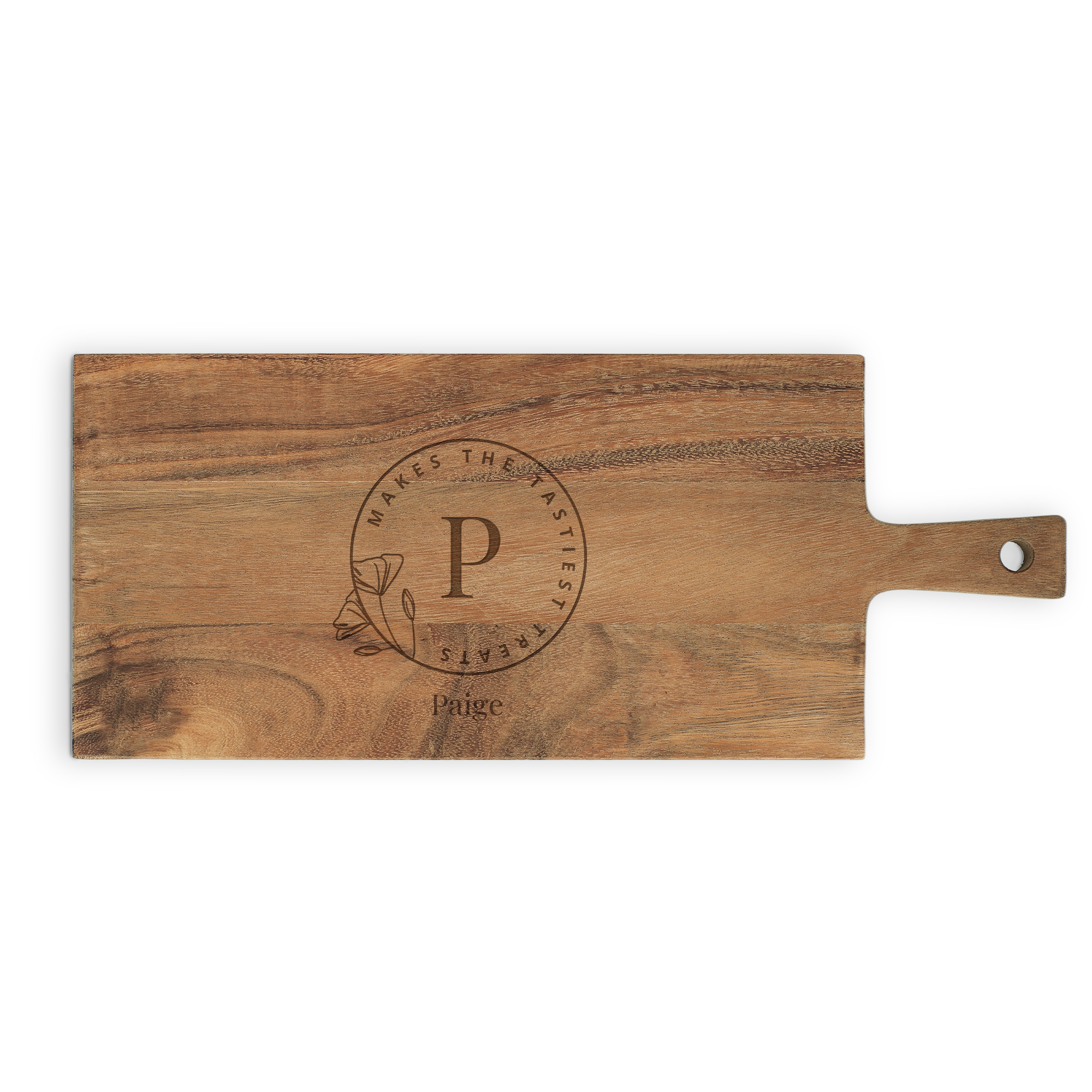 Personal wooden serving platter with a handle, engraved with a P, the name Paige, and "Makes the Tastiest Treats"