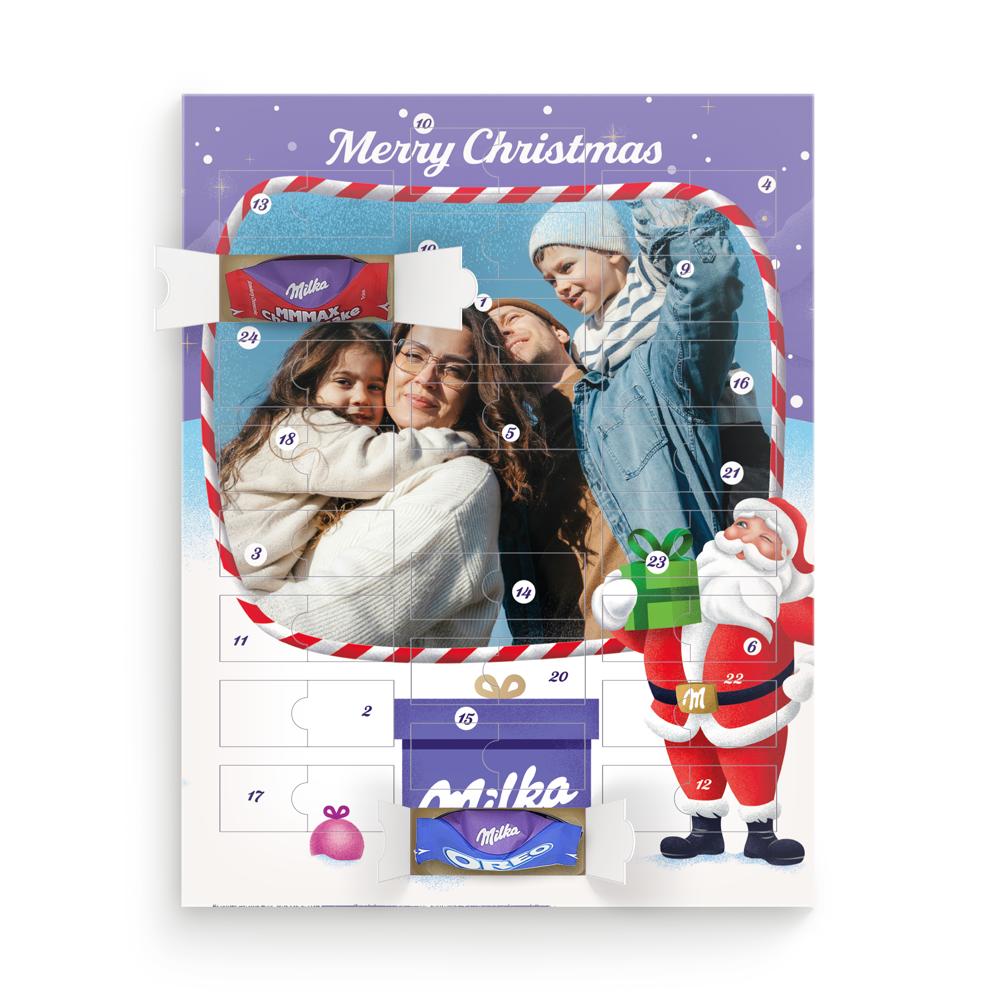 Personalisierter Adventskalender Milka Favourites bedruckt mit Ihrem Foto. Großer Kalender mit „Merry Christmas“ Aufschrift, Milka Schokolade hinter den Türchen.