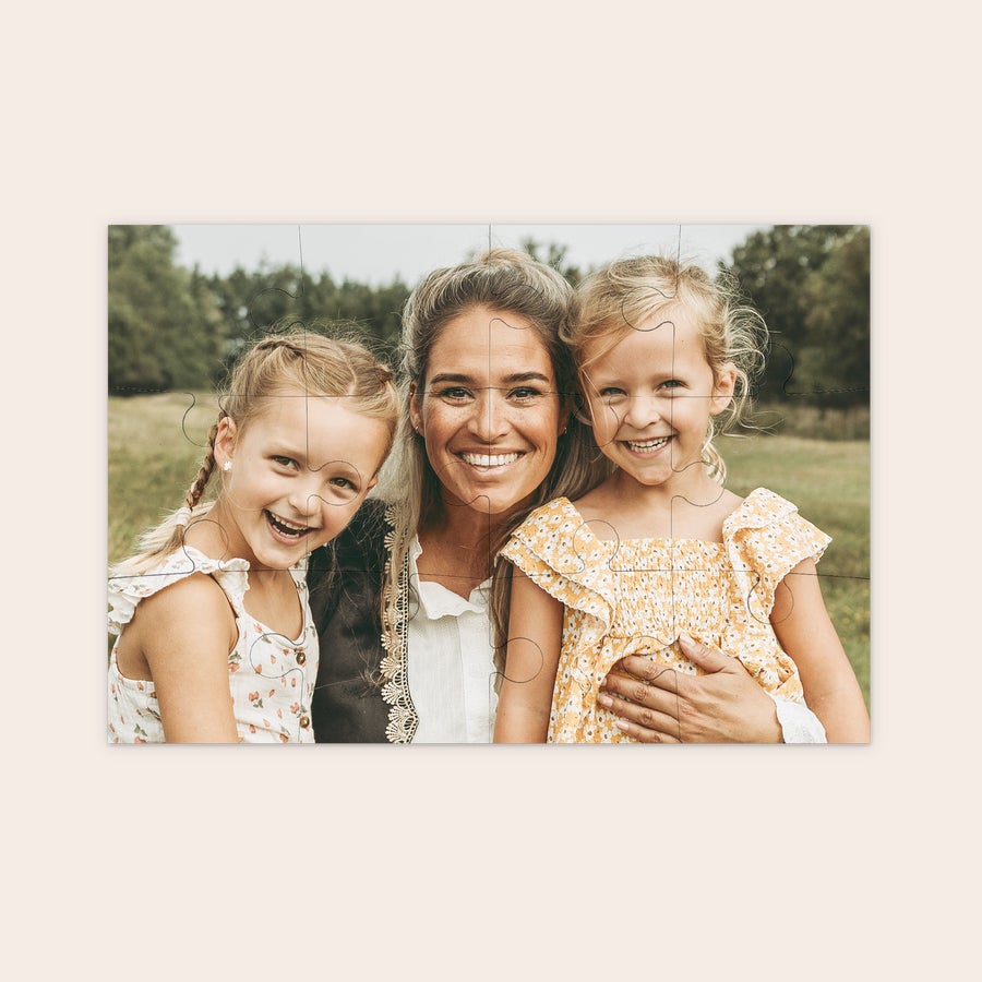 Personalised puzzle - Small Personalized photo puzzle showing a smiling woman and two young girls printed with a family photo