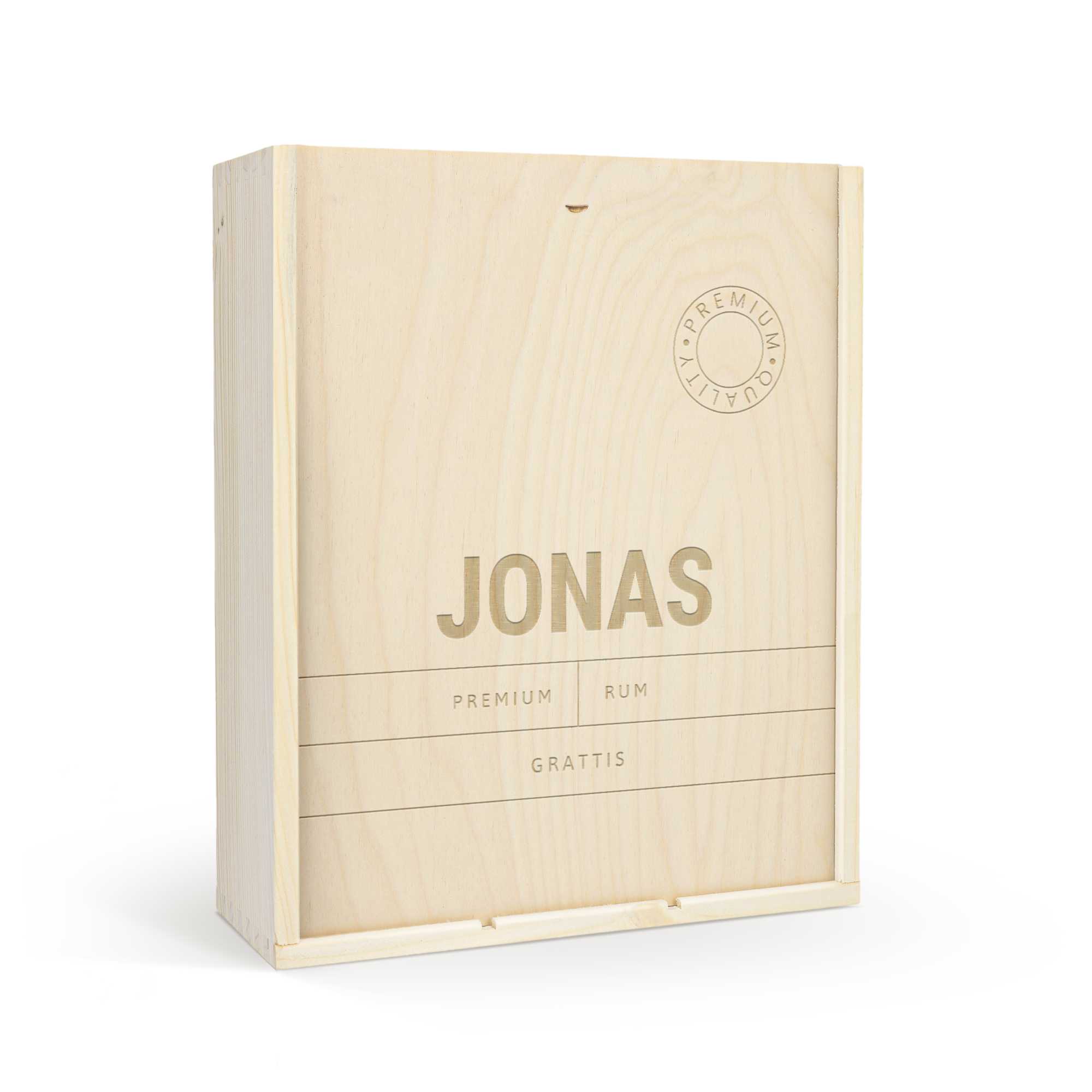 En ljus trälåda för flaska med personaliserat lock. Locket har texten JONAS PREMIUM RUM GRATTIS.