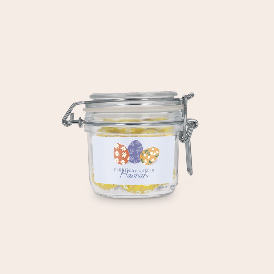 Personalisiertes Bonbonglas – 200 ml – Schokoladeneier Personalisiertes Bonbonglas – 200 ml – Schokoladeneier