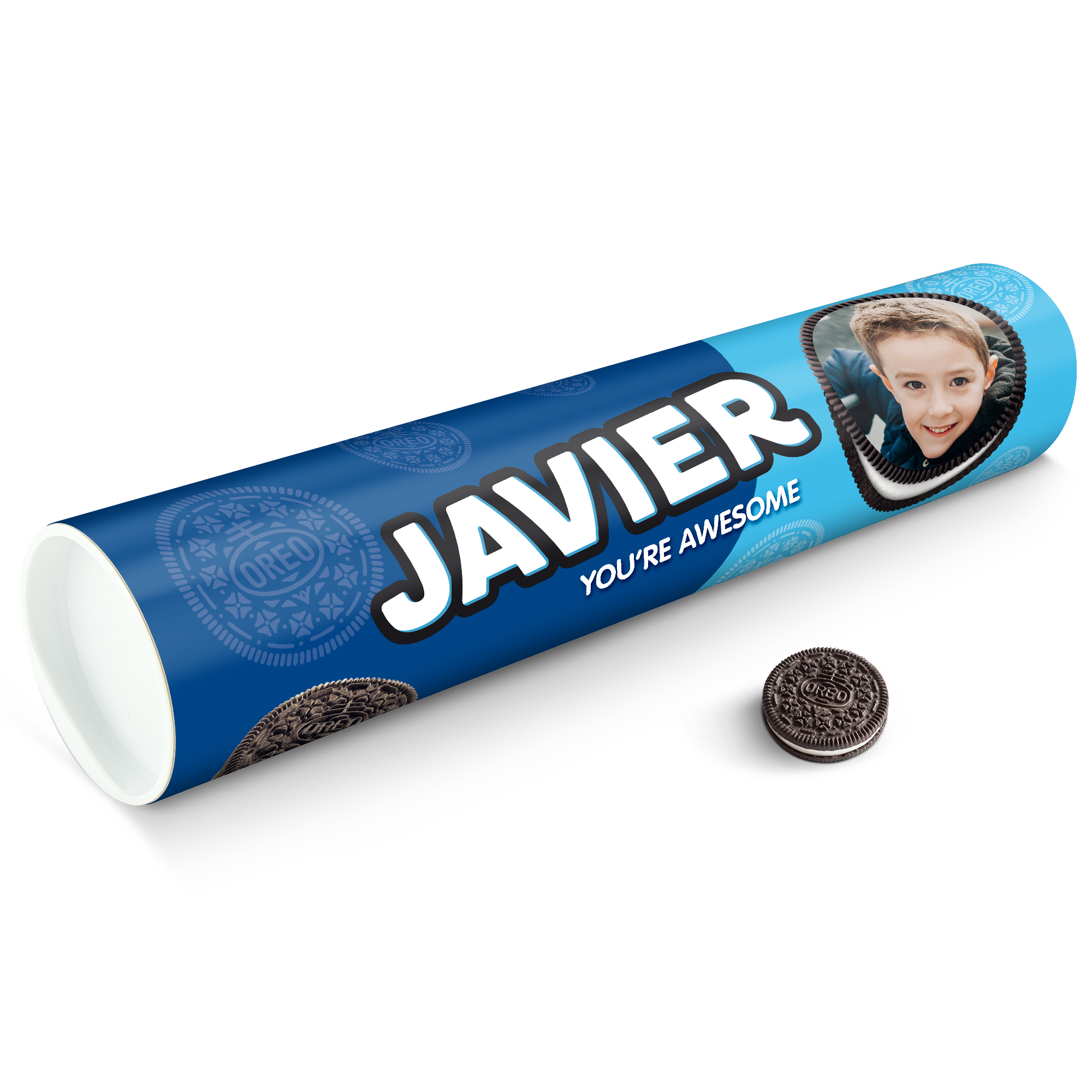 Tubo de regalo Mega Oreo personalizado en azul con foto y nombre Javier impresos, más una galleta.