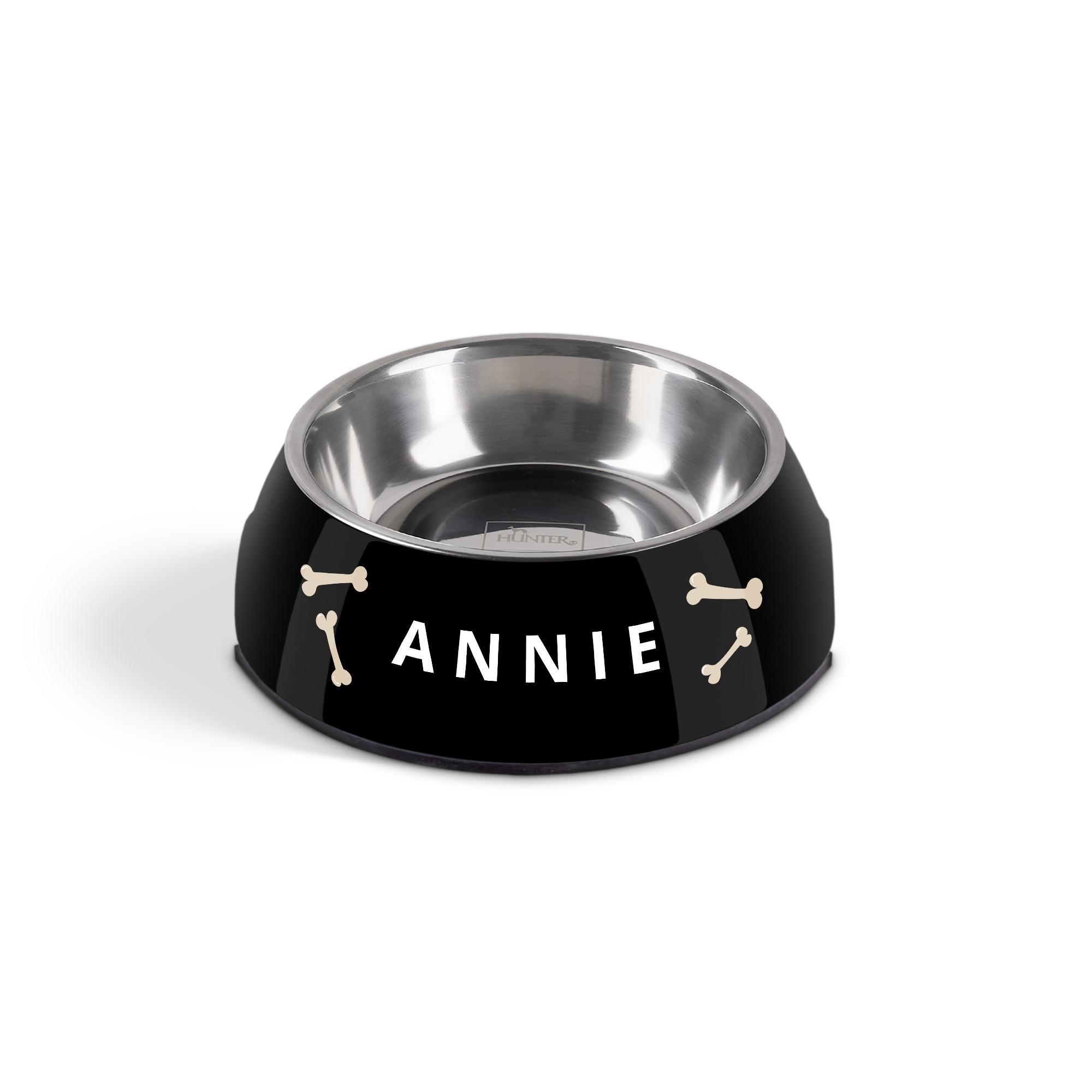 Sort personlig madskål til hunde med navnet ANNIE og knogler trykt på siden, der vil give din hund glæde.