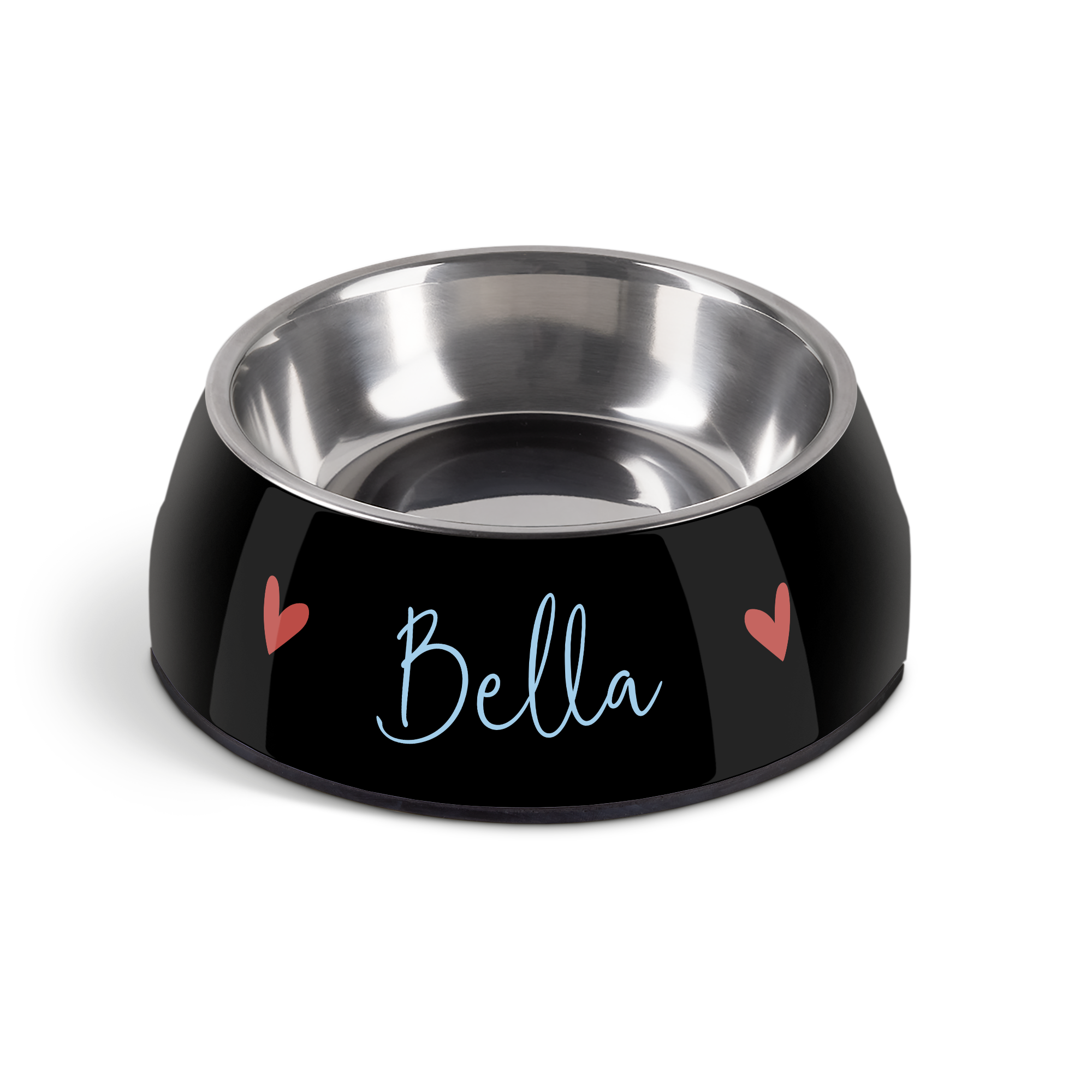 Personalisierter Hundefutternapf - Schwarz - 700 ml, mit Namen "Bella" und roten Herzen bedruckt