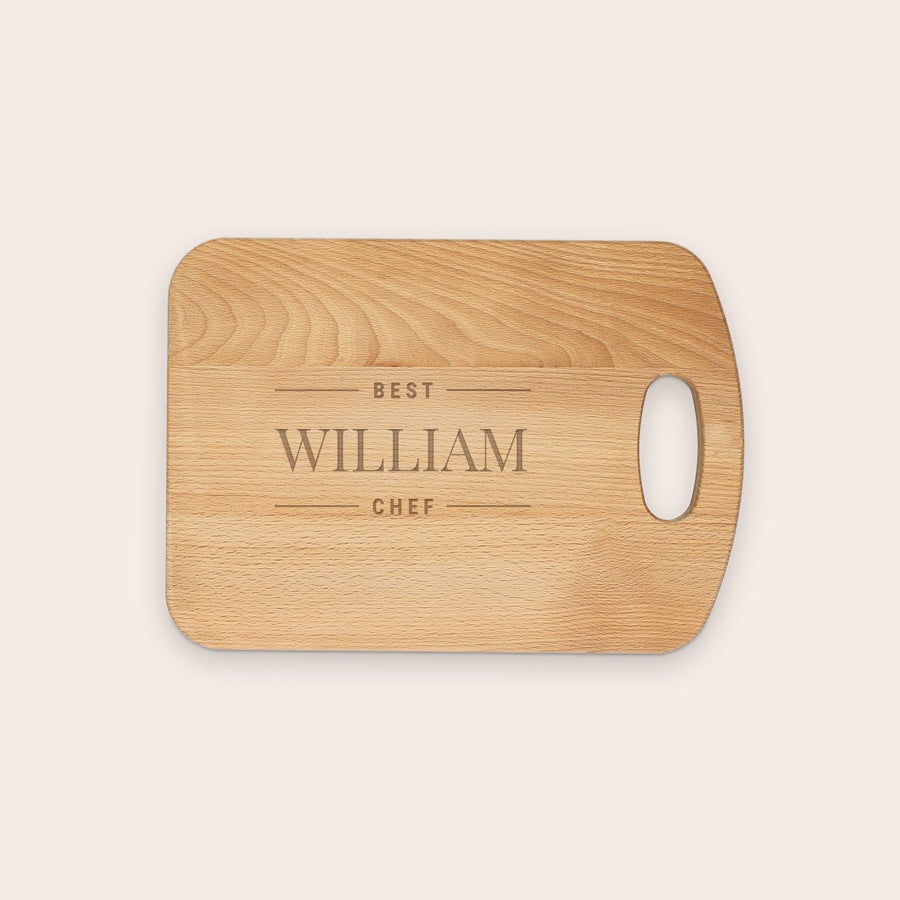 Tábua de cortar madeira Tábua de madeira de faia gravada com o texto "BEST WILLIAM CHEF", um presente original e personalizável.