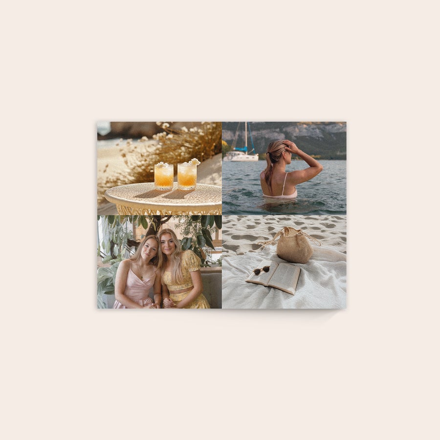 Foto op hout afdrukken Houten fotocollage met vier persoonlijke foto's op hout geprint: een close-up van cocktails, een vrouw in het water, twee vriendinnen en strandbenodigdheden.