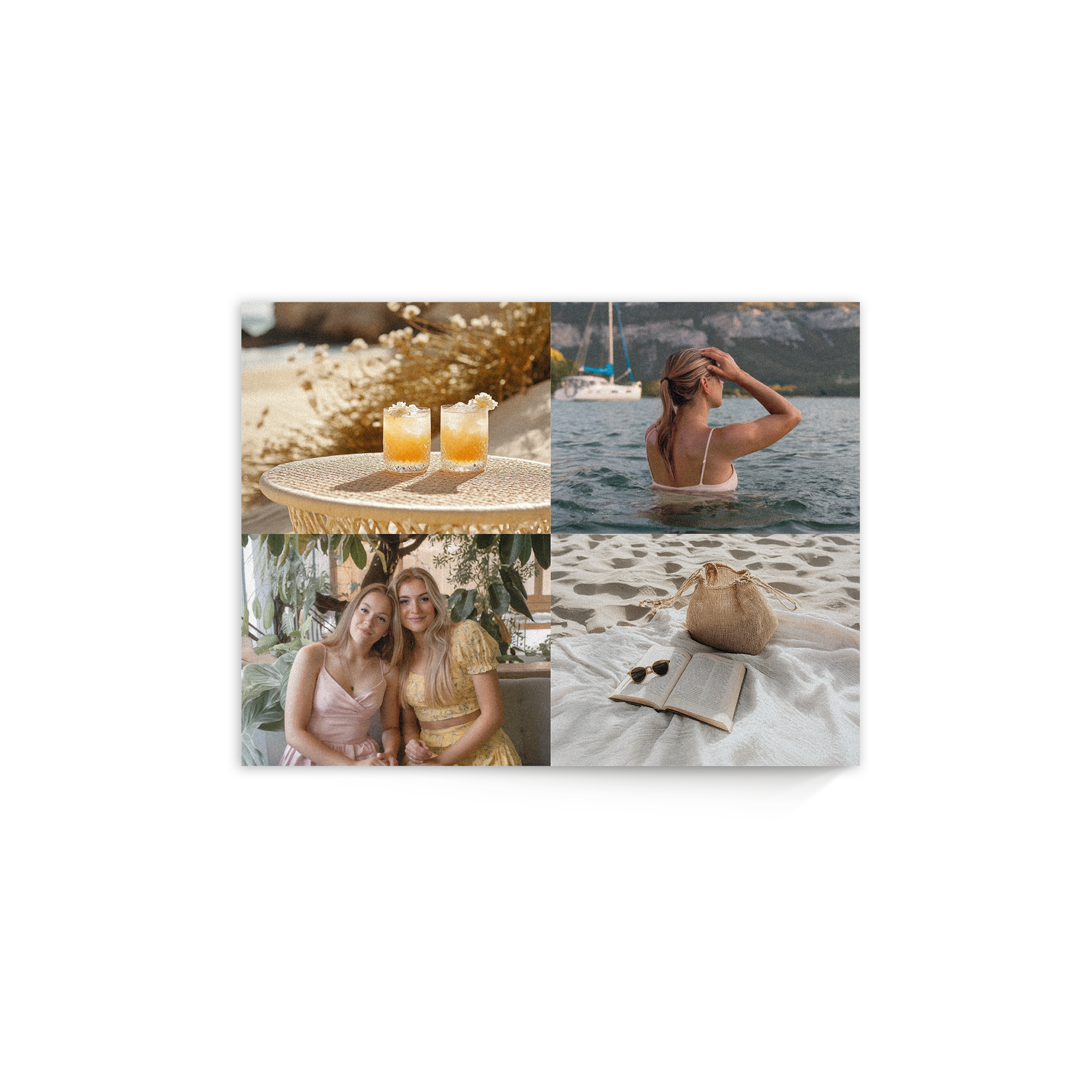 Tableau en bois personnalisé avec impression photo de quatre scènes de vacances, offrant une touche d'originalité.