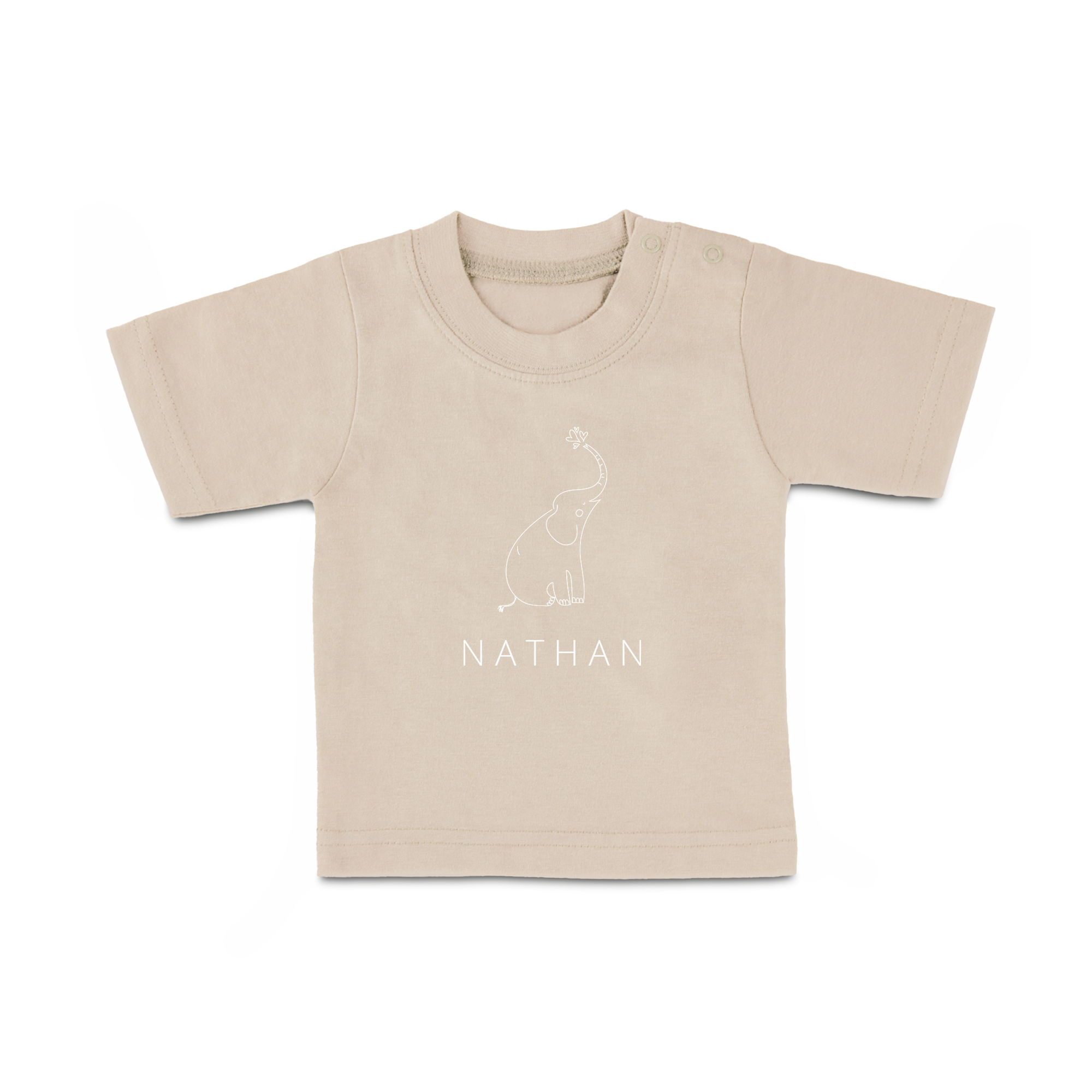 Beige babyskjorta i ekologisk bomull med tryckt elefant och namnet Nathan.