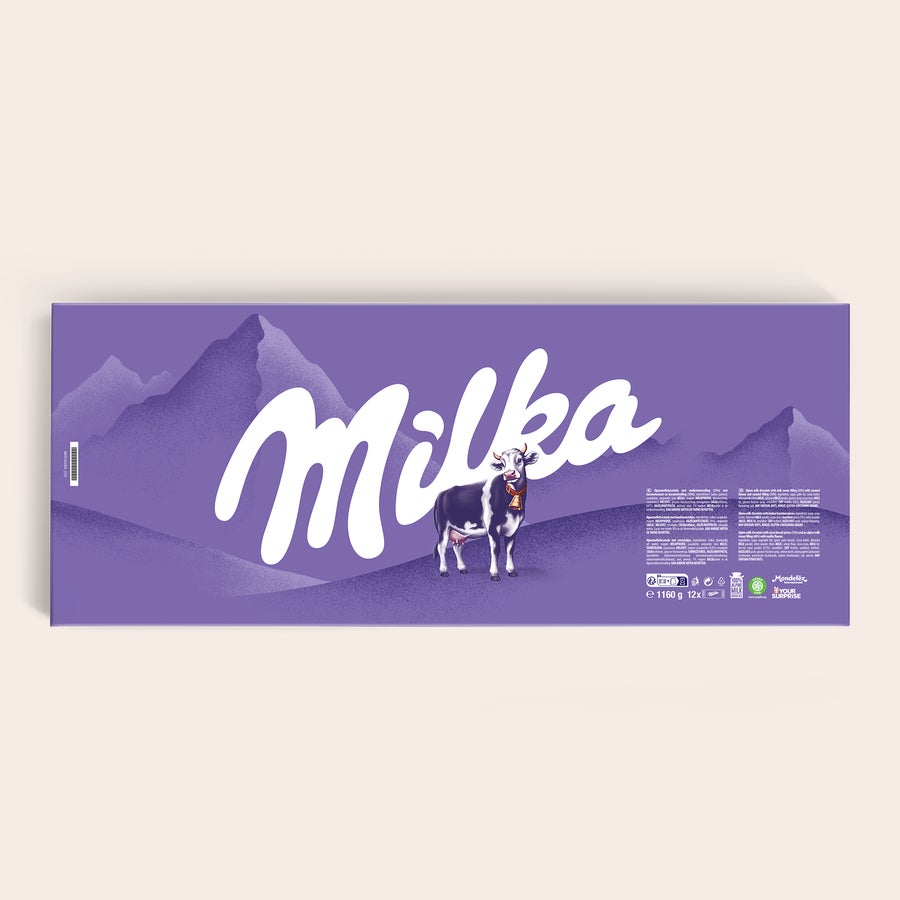 Tavoletta di Cioccolato Milka XL Personalizzata Confezione regalo personalizzabile con 12 Barretta di cioccolato Milka personalizzata XXL - 12 barrette e grafica a tema montano.