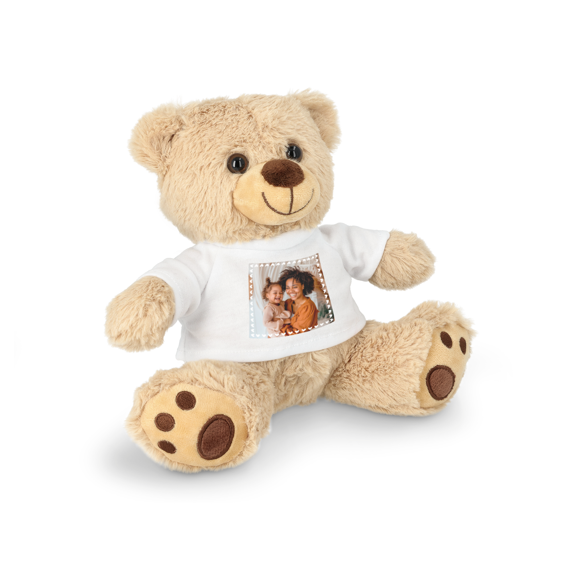 Ursuleț de pluș personalizat, crem, cu tricou alb imprimat cu o fotografie personală color și chenar decorativ