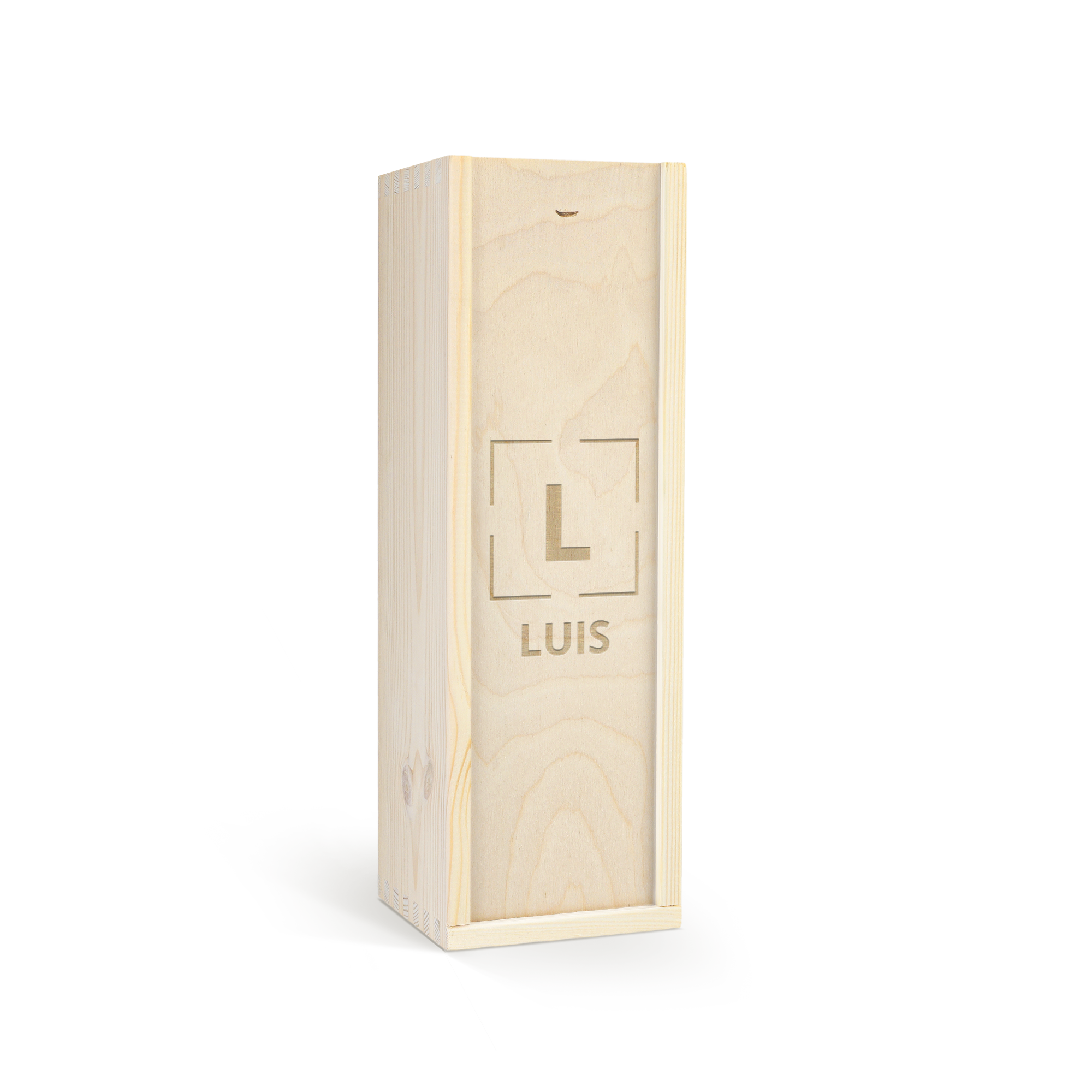 Coffret en bois personnalisé avec vin sans alcool Vintense, gravé du prénom LUIS et la lettre L.