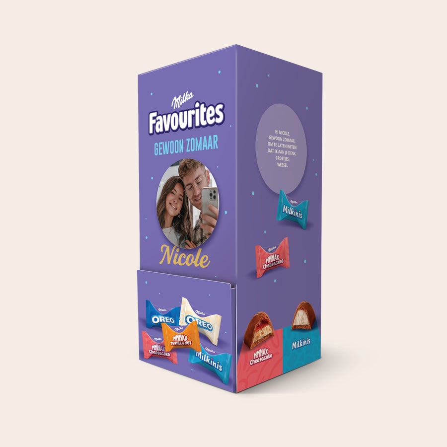 Milka Favourites Dispenser bedrukken Milka Favourites dispenser bedrukken met persoonlijke foto en de naam Nicole, inclusief een lieve boodschap.