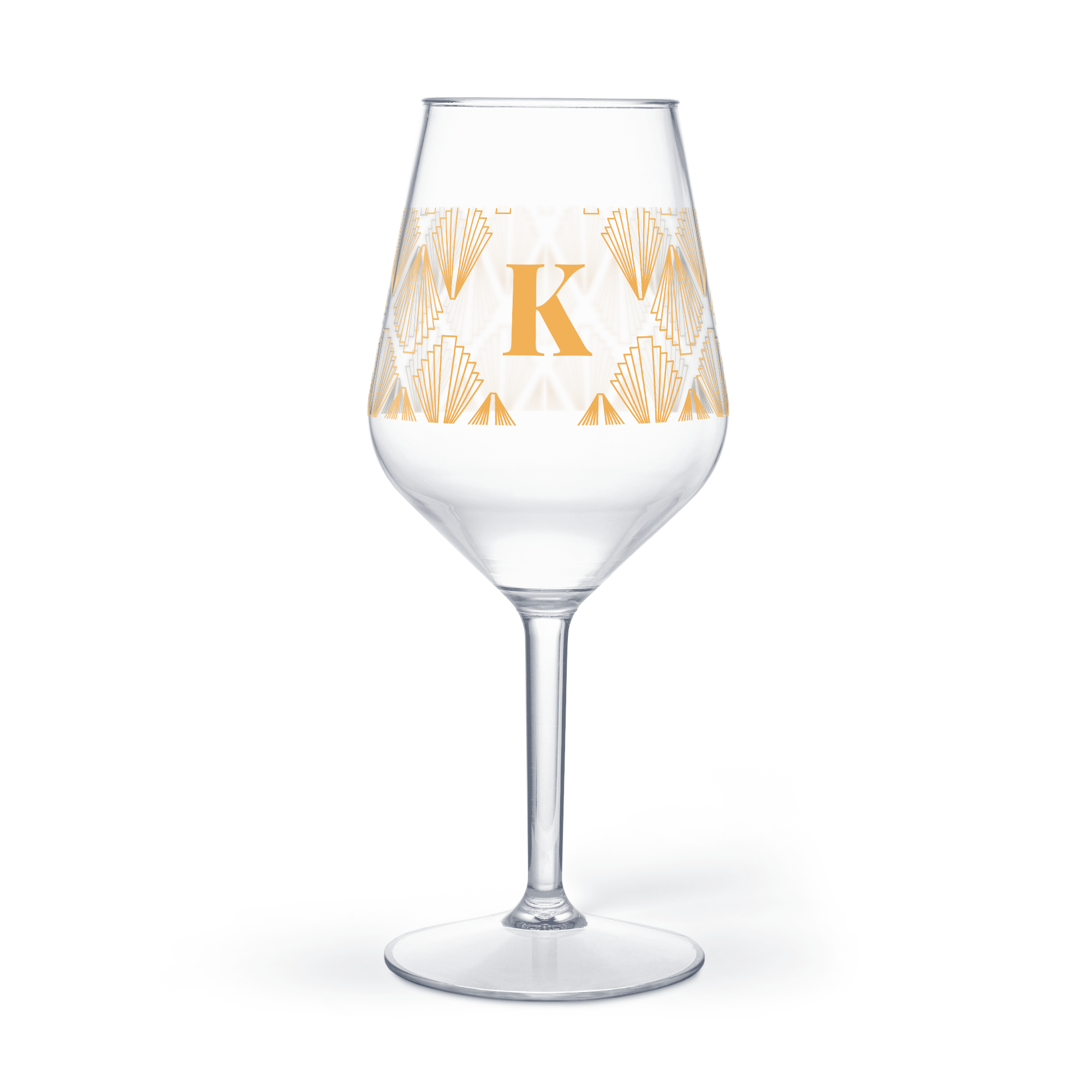 Pahar de vin din plastic, personalizat cu inițiala K și model geometric auriu, elegant pentru camping.
