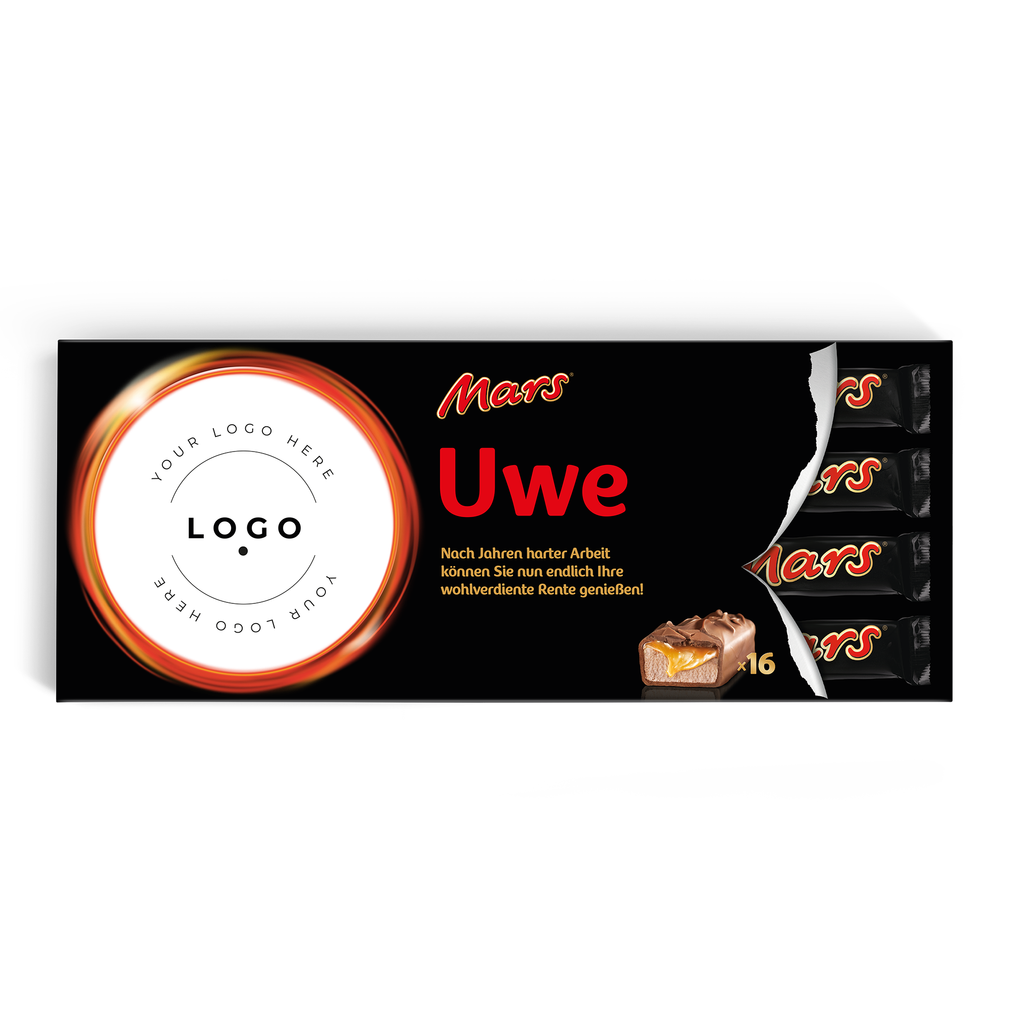 Personalisierter XXL Mars Schokoriegel mit dem Namen Uwe und einem Wunschtext, bedruckt mit einem persönlichen Logo