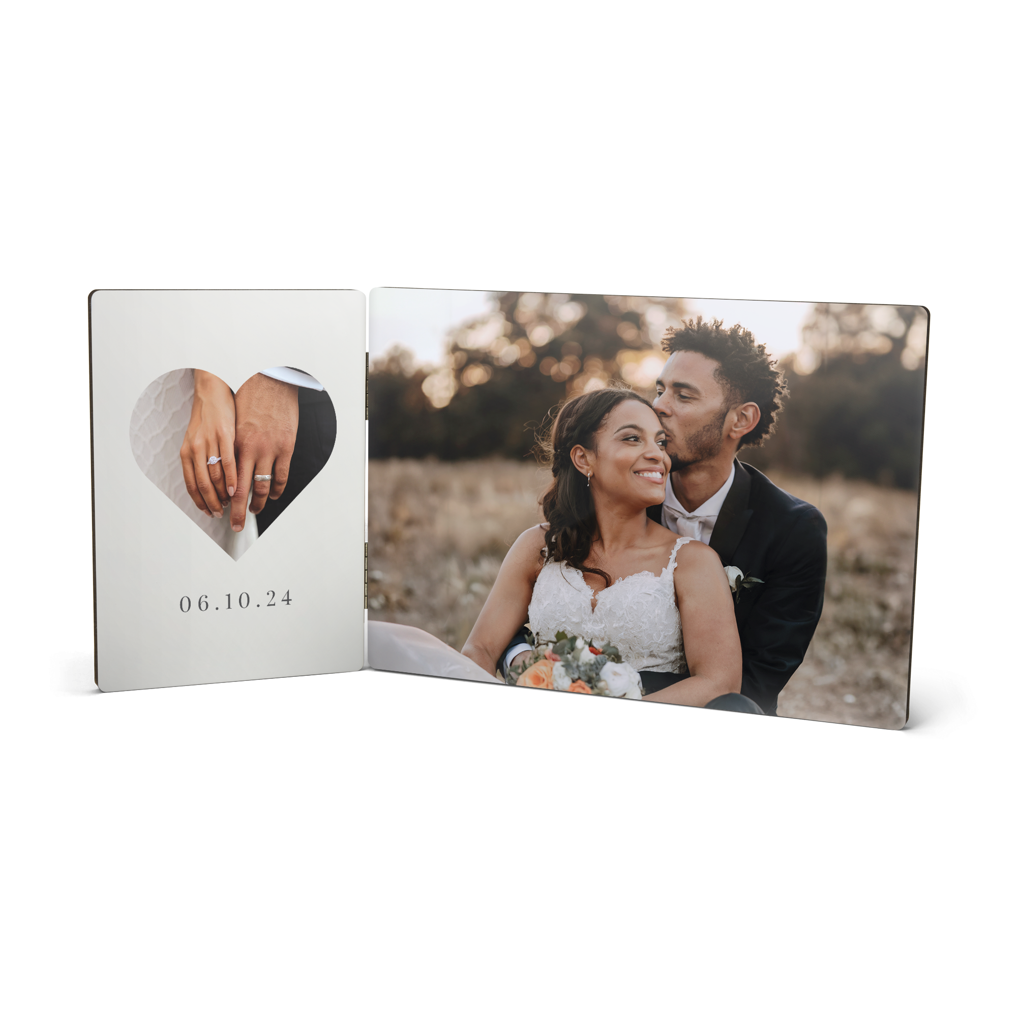 Rectangular hinged photo frame personalized with a wedding photo, heart cutout, and date 06.10.24