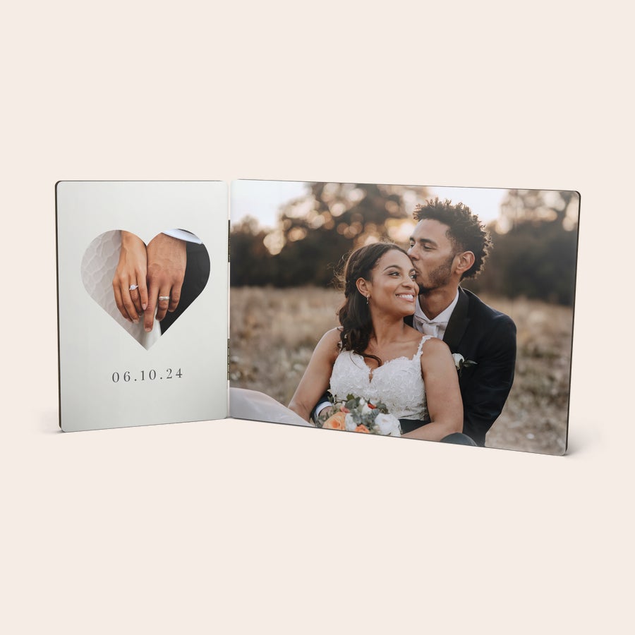 Hinged photo frame Rectangular hinged photo frame personalized with a wedding photo, heart cutout, and date 06.10.24