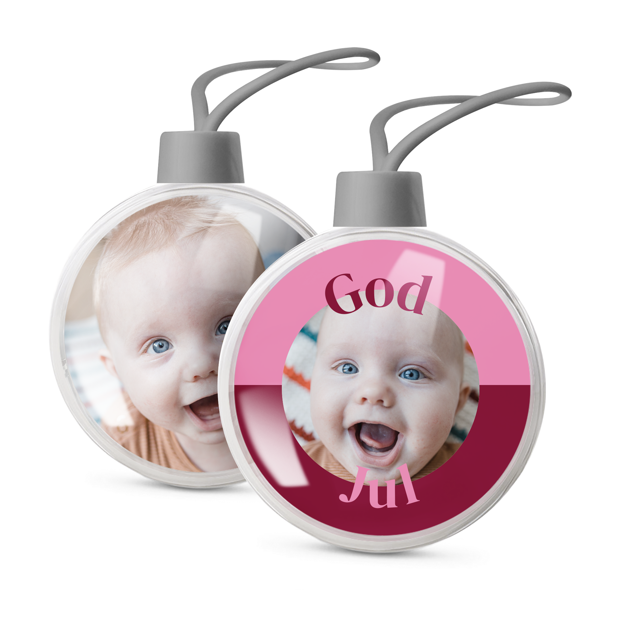 To personlige julekugler til babys første jul, trykt med et billede af en baby og teksten God Jul