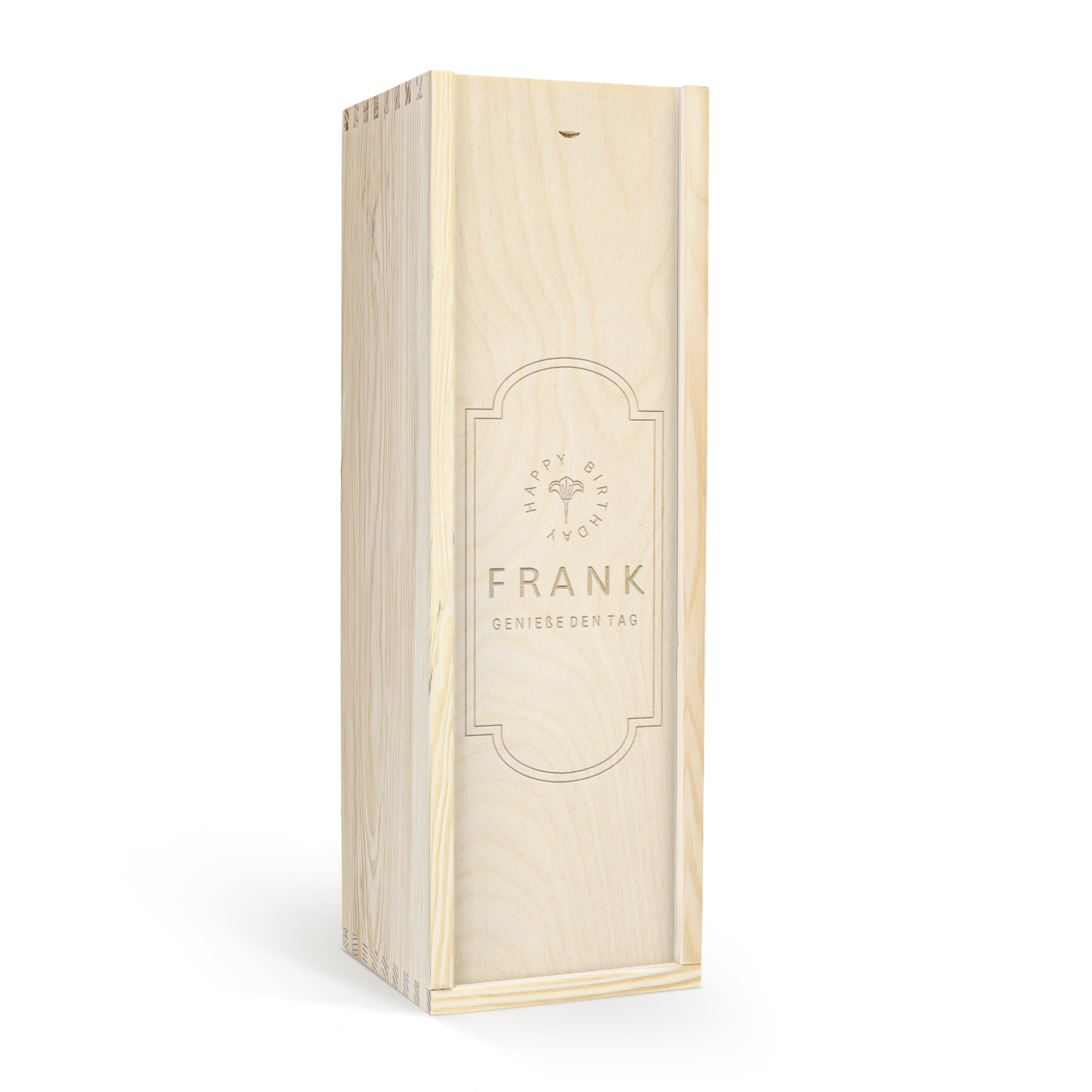 Personalisierte Holzkiste für AIX Roséwein mit Gravur "Happy Birthday Frank Genieße den Tag" als Weingeschenk