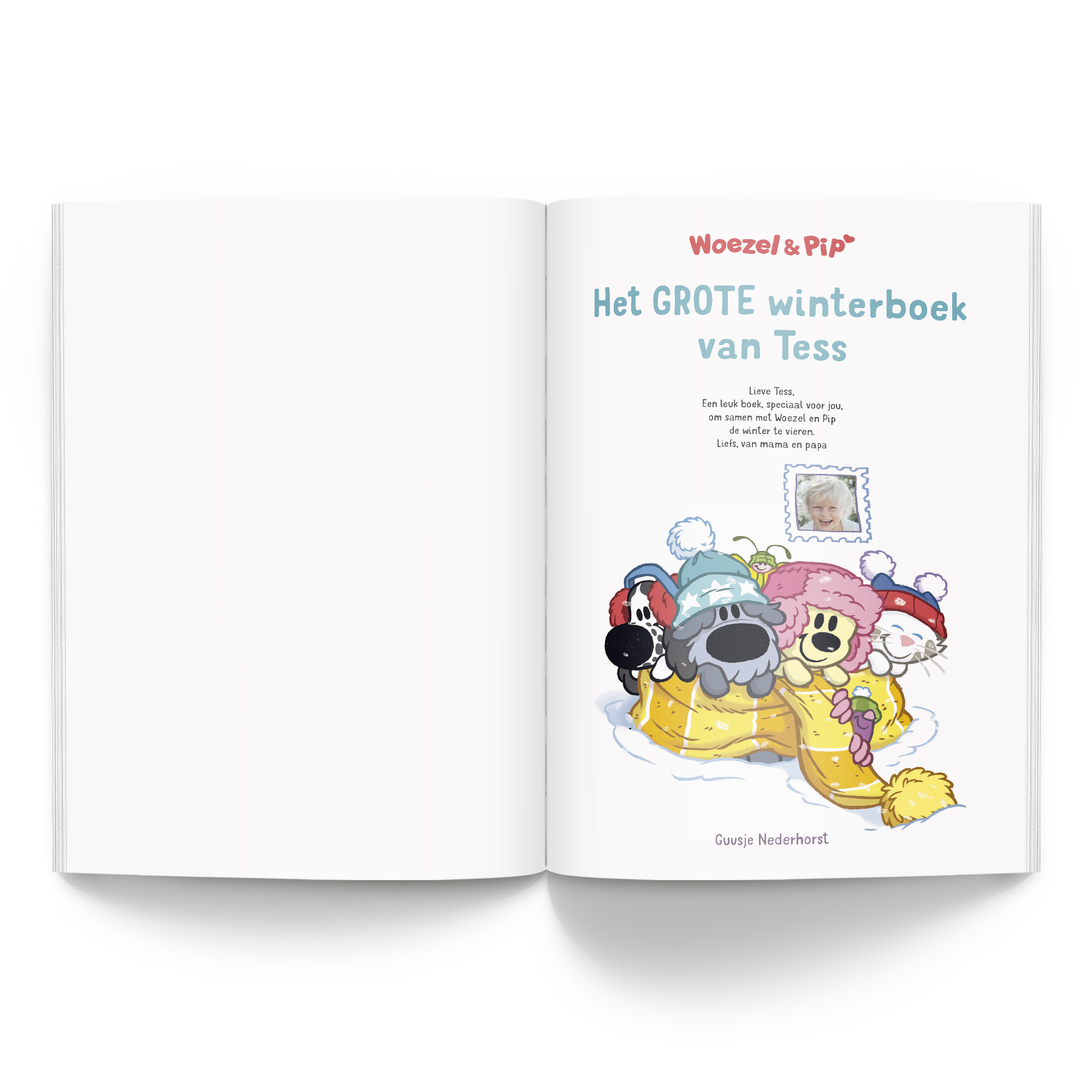 Softcover Boek met naam en foto Woezel & Pip Winterboek XL met Tess, Woezel & Pip illustratie en gepersonaliseerde foto op een postzegel.