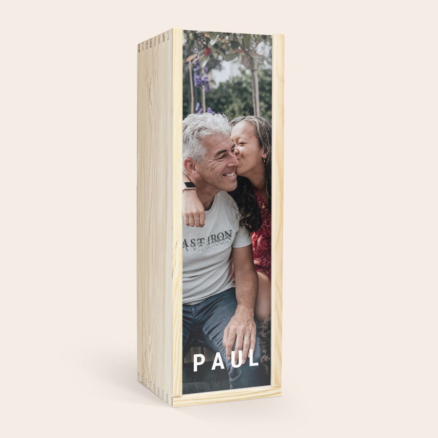 Personalised vodka - YourSurprise Wooden vodka gift case printed with a personalized photo of a couple and the name Paul