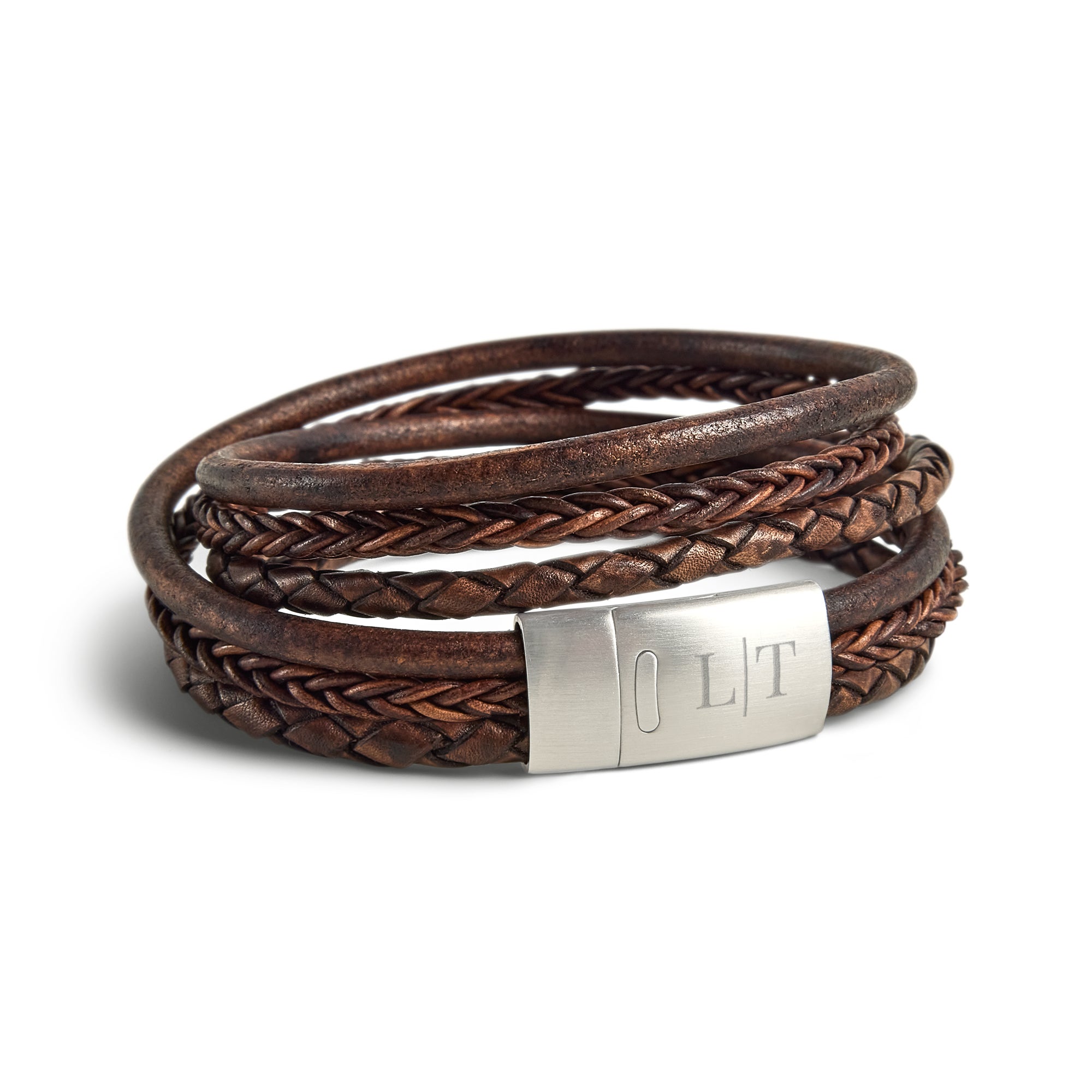 Luxurious double leather bracelet with engraving - Men - Brown - L