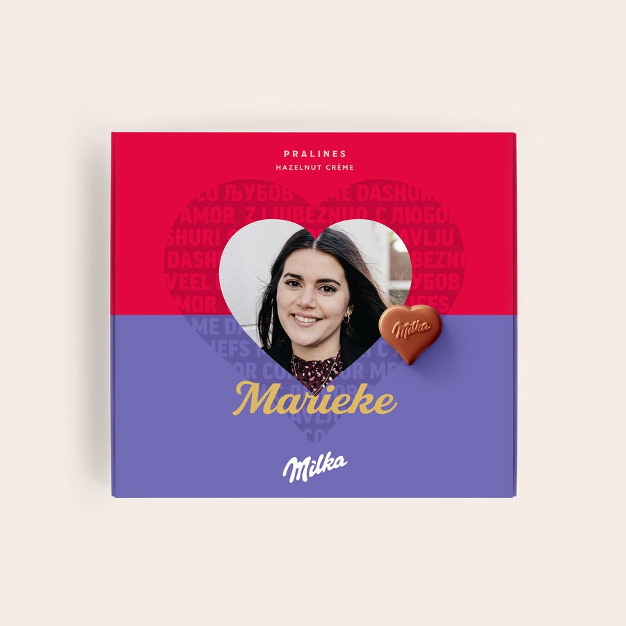 Milka Pralines - Love Gepersonaliseerde Say it with Milka chocolade giftbox met foto en de naam Marieke, geprint met Milka logo hartje