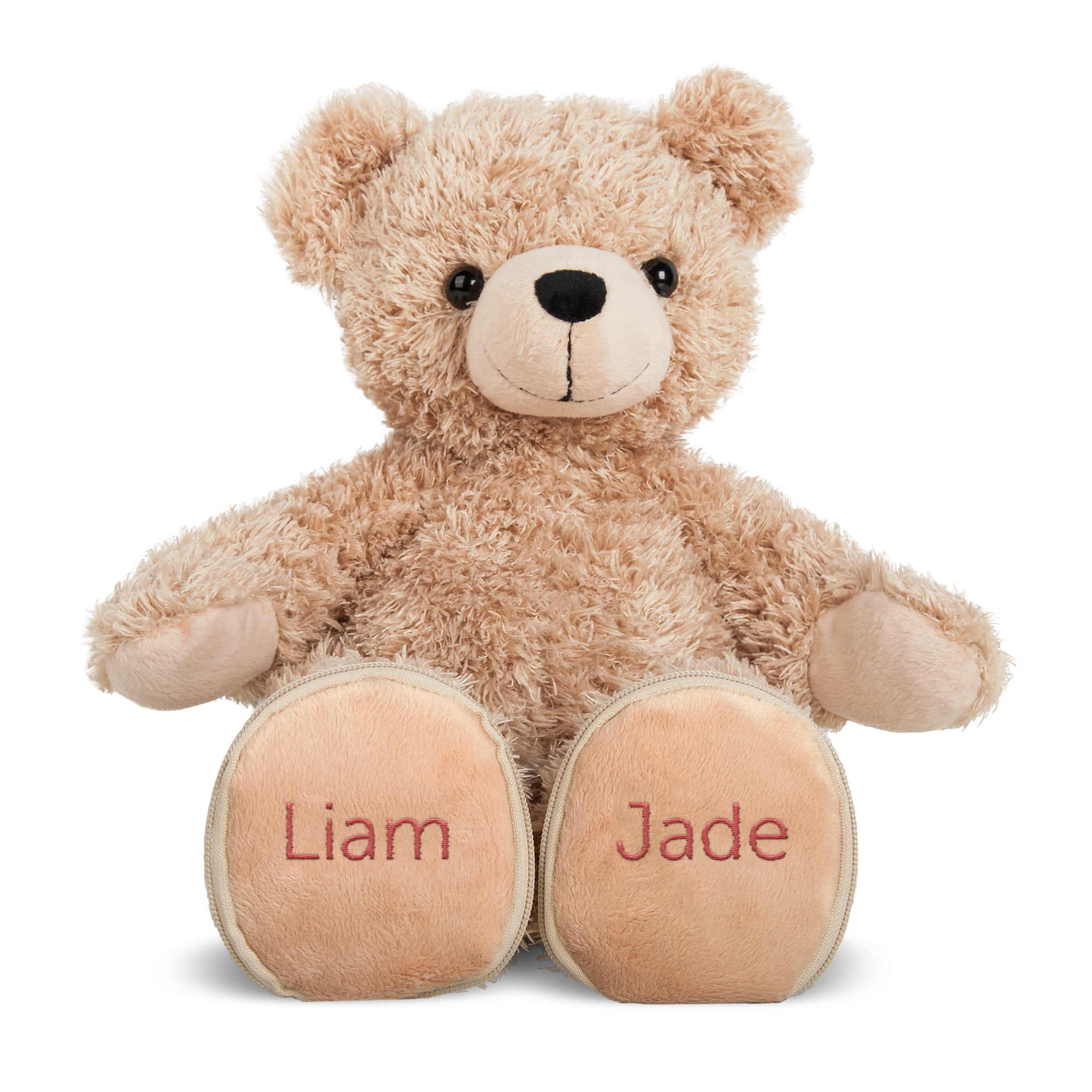 Urso de amor super bonito com nomes Liam e Jade bordados nas patinhas.