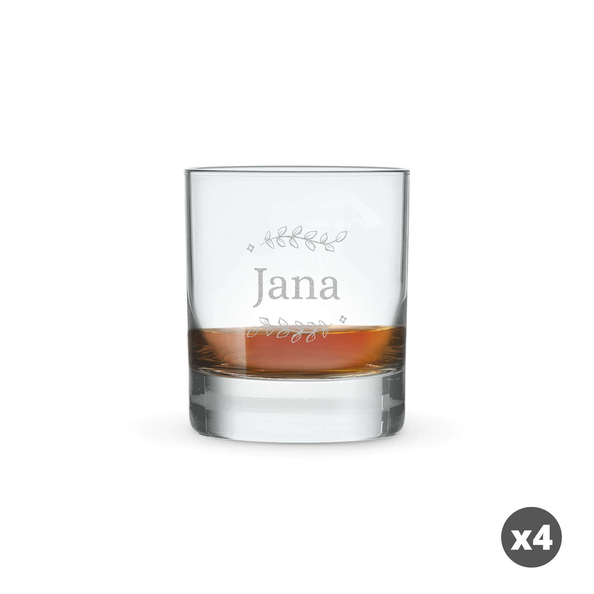 Ein Whiskyglas mit Gravur des Namens Jana und Blattmuster, gefüllt mit Whisky.