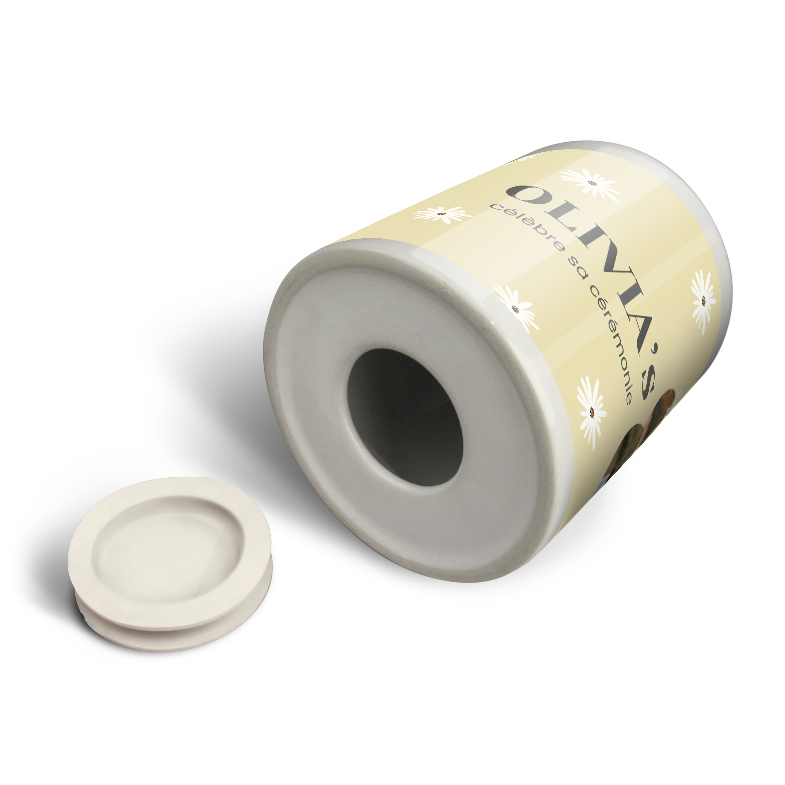 Tirelire personnalisée en céramique imprimée avec le nom Olivia et des marguerites pour la communion