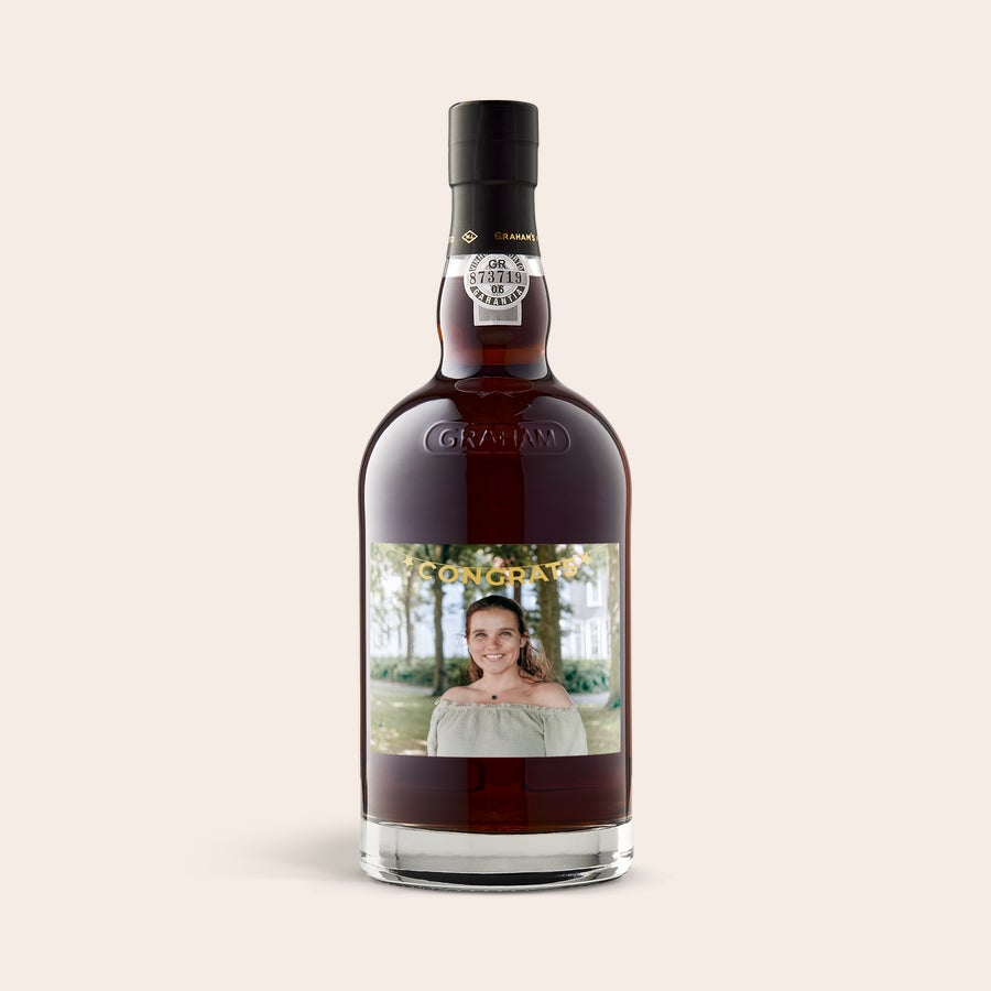Graham's Tawny - zralý 20 let Láhev 20letého grahamu s personalizovaným foto štítkem a nápisem Congrats, ideální dárek