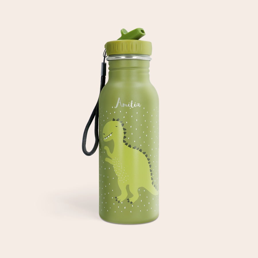 Trinkflasche Kinder mit Namen Grüne Trixie Trinkflasche mit niedlichem Dinosaurier und dem gravierten Namen Amilia