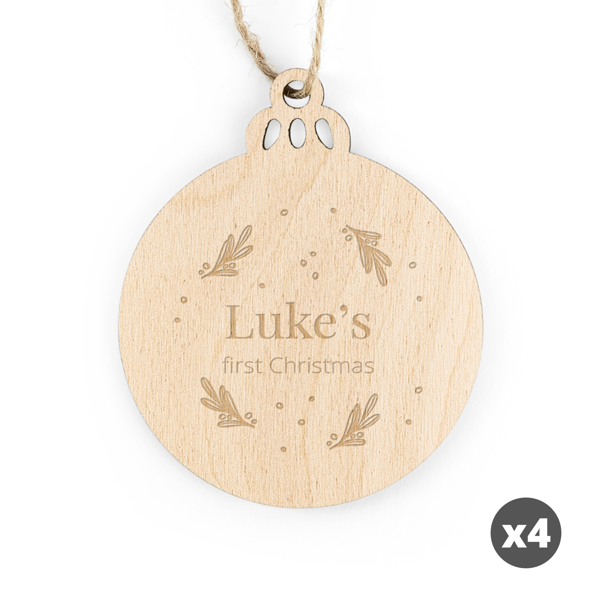 Decorațiune cerc Crăciun din lemn, gravată cu numele Luke's first Christmas și modele de vâsc, set x4