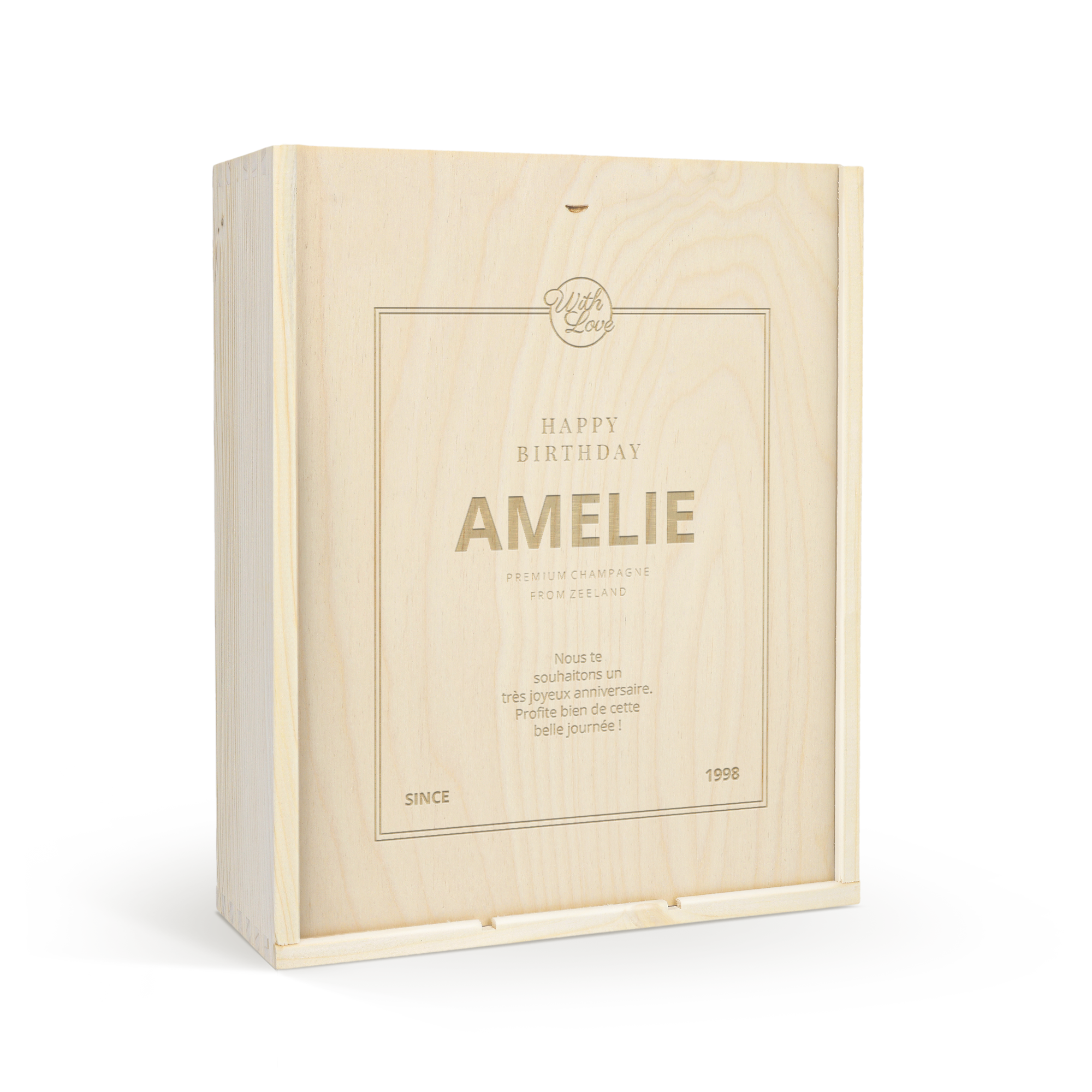 Coffret à champagne en bois gravé personnalisé "AMELIE Happy Birthday" avec message et flûtes