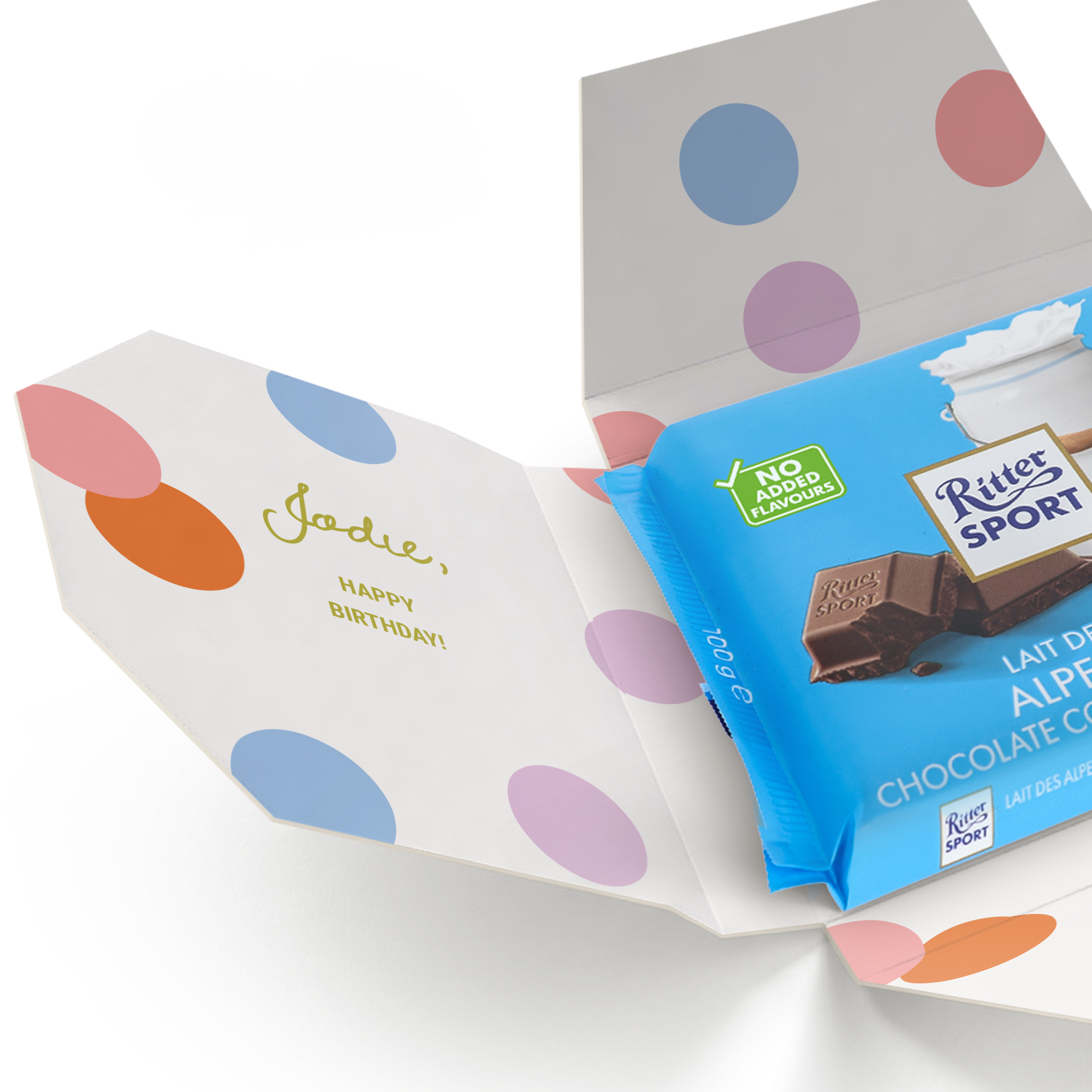 Personalised chocolate - Ritter Sport - Alpine Milk in a printed polka dot gift box with happy birthday text