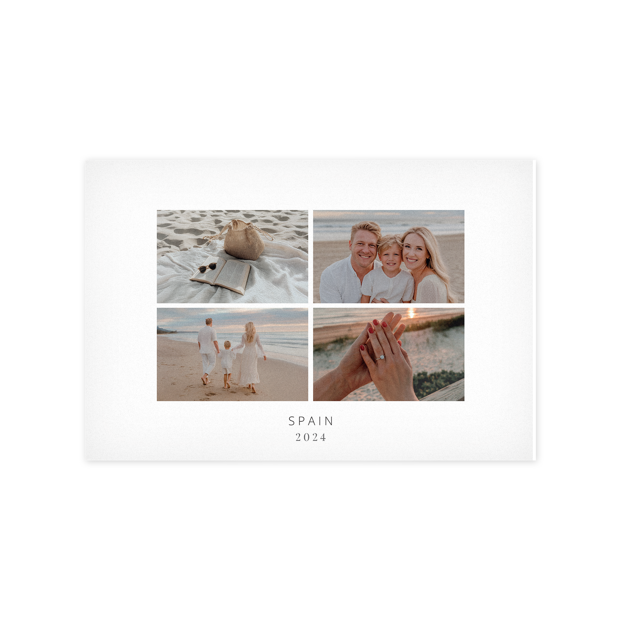 Forex-Platte bedruckt mit vier persönlichen Fotos vom Strand, dazu der Text SPAIN 2024