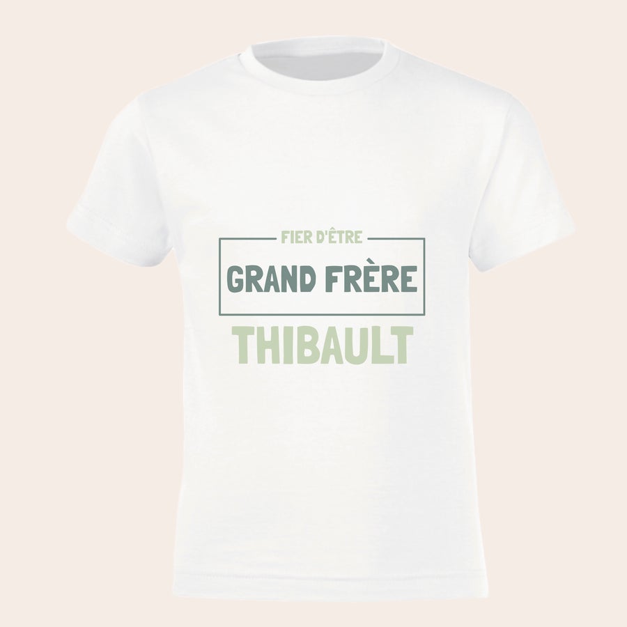 T - shirt annonce grossesse personnalisé - Grand frère / Grande soeur T-shirt blanc personnalisé pour l'annonce d'une deuxième grossesse, imprimé Fière d'être Grand Frère Thibault