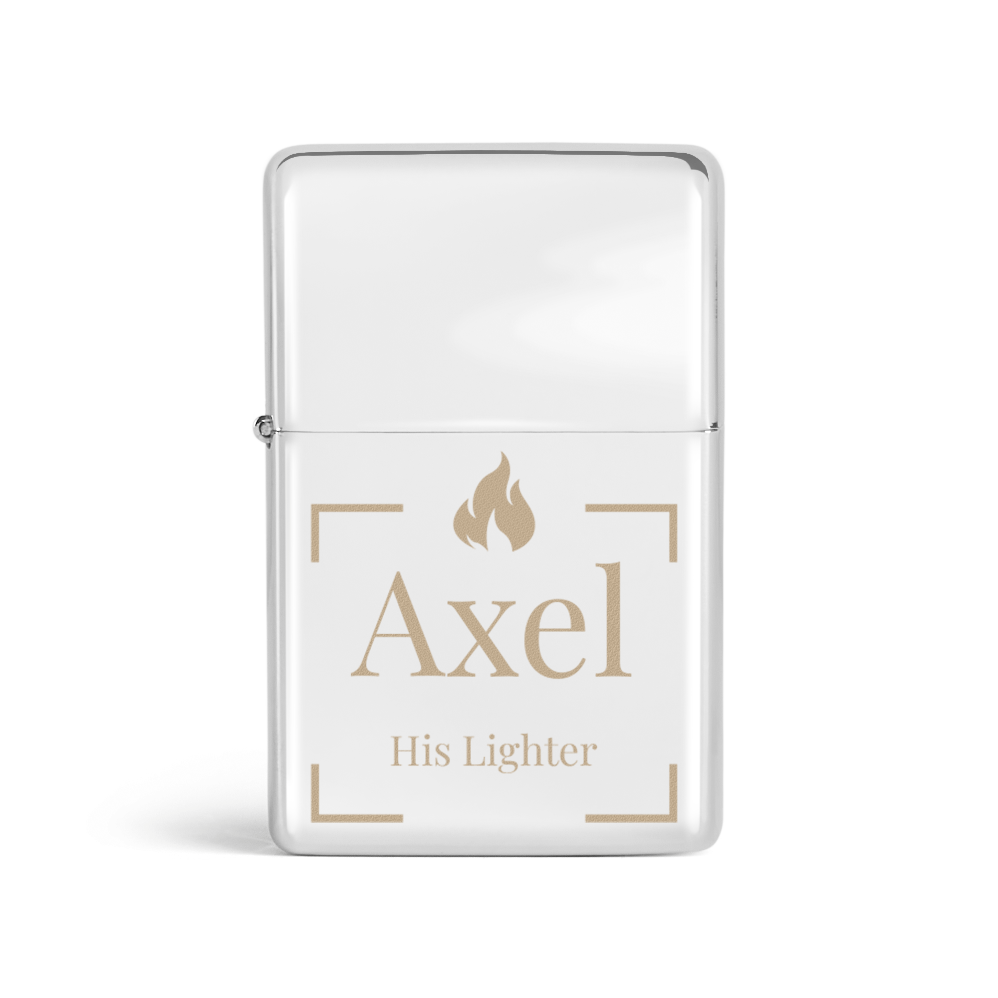 Edles weißes Feuerzeug mit Gravur-Namen "Axel His Lighter" in Gold, umrandet von einem dezenten Rahmen