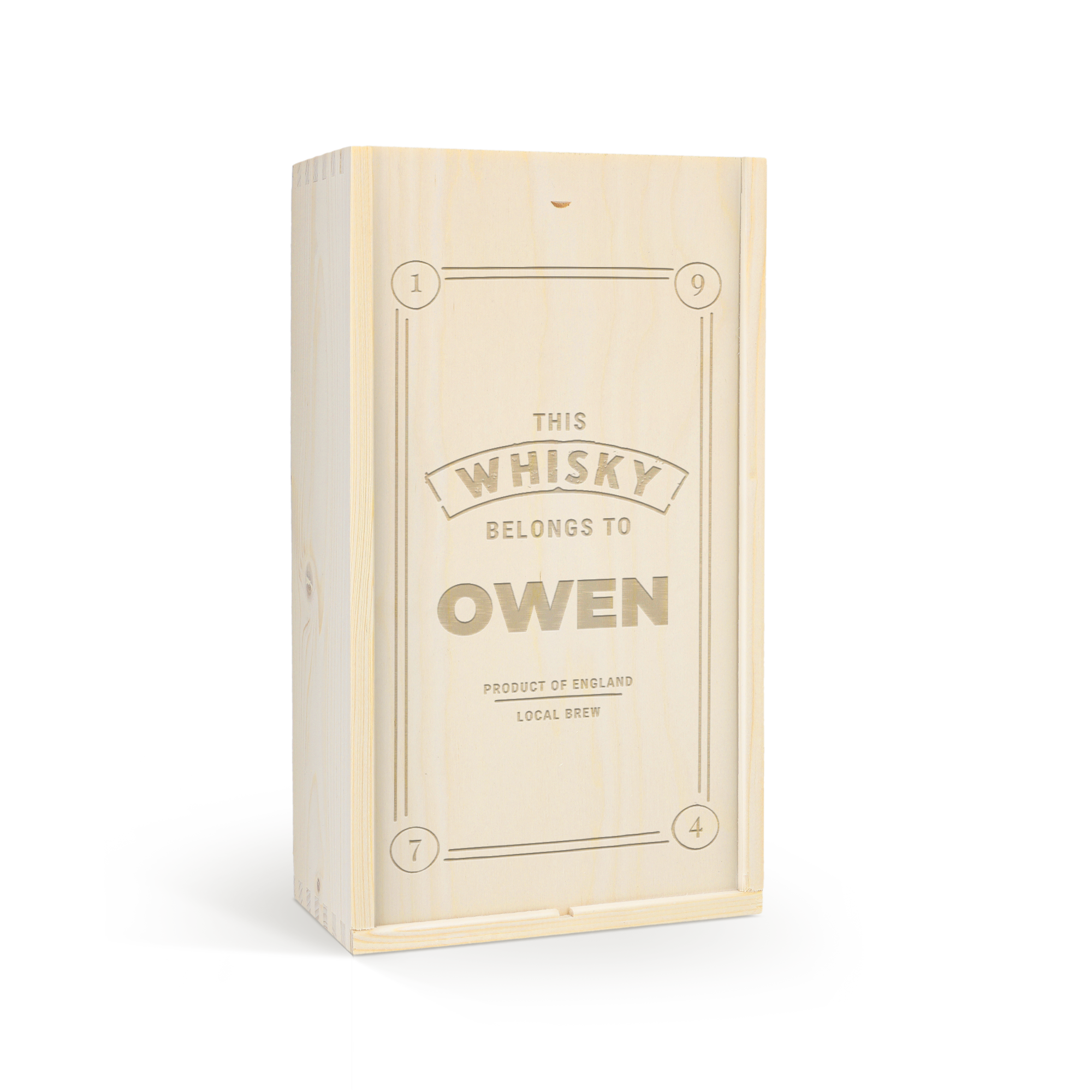 Personalized wooden case engraved with "This Whisky Belongs To Owen" for a bottle gift