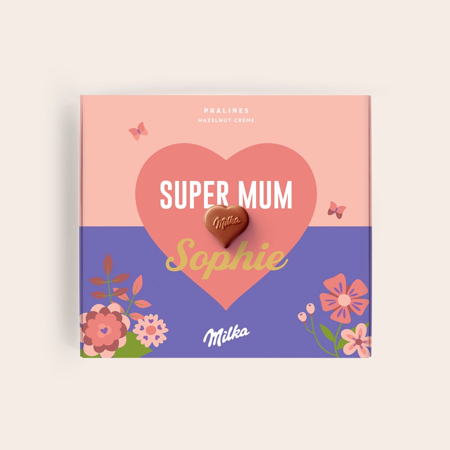 Praline Milka Festa della mamma Confezione regalo personalizzata di cioccolato Say it with Milka con scritta "Super Mum Sophie" e un cioccolatino a forma di cuore, ideale per la mamma