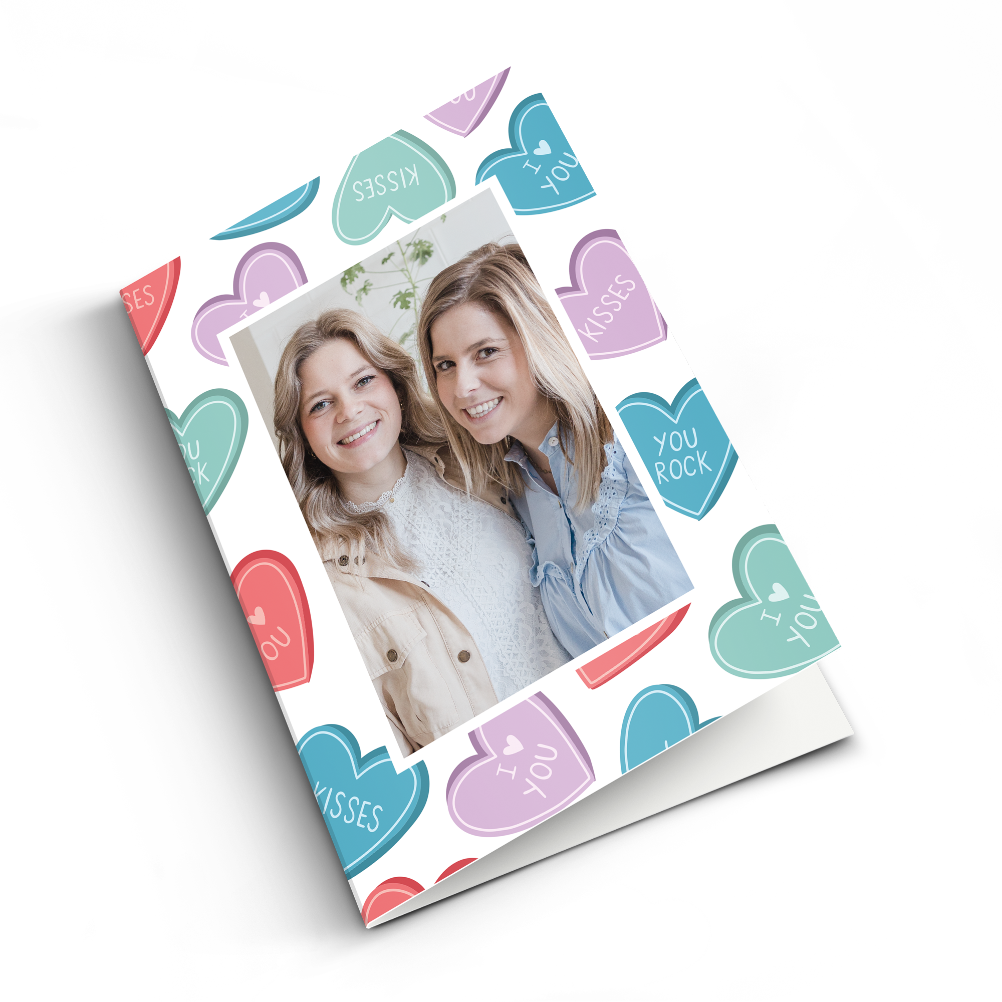 Personalised Valentine's Day card printed with a photo and candy heart design