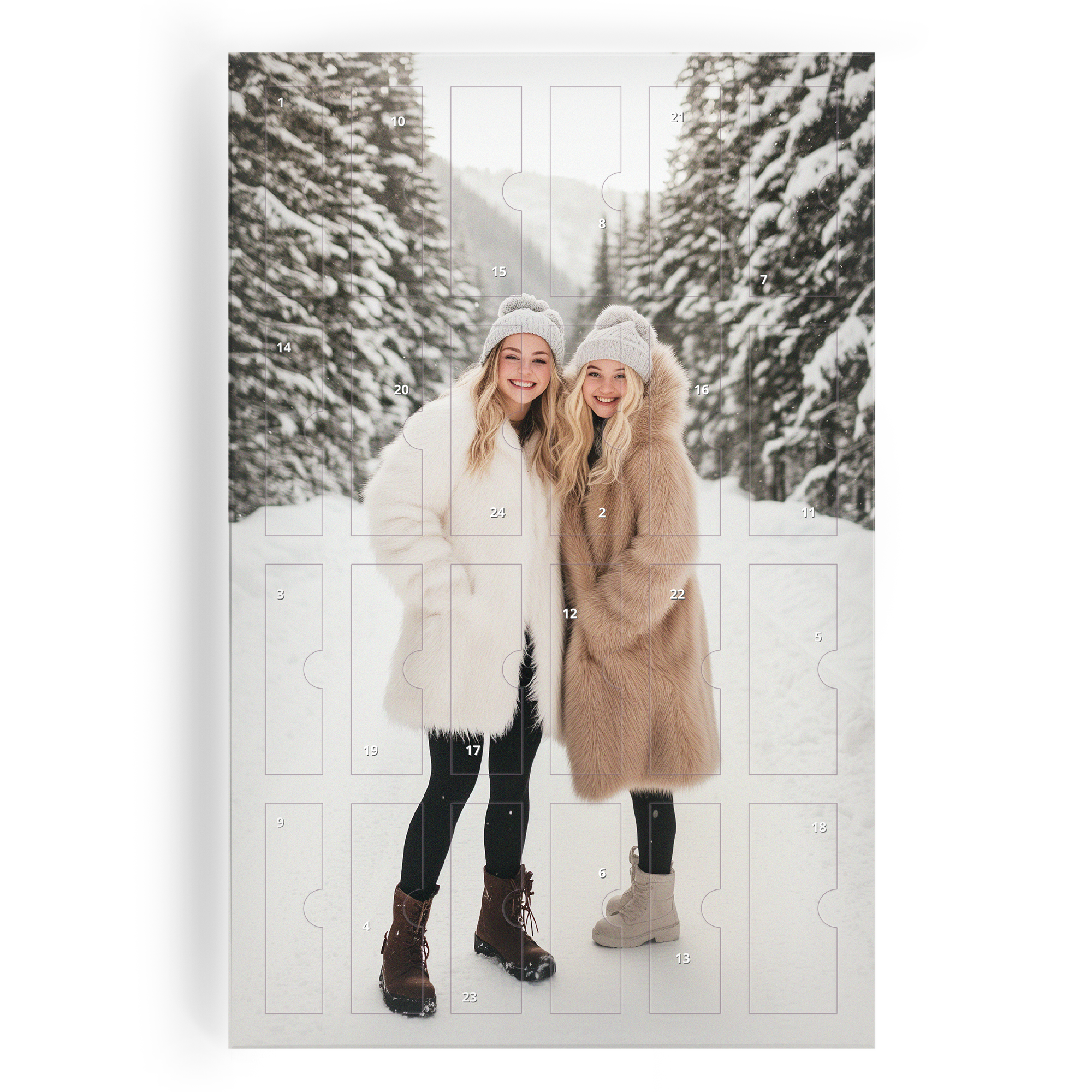 Gepersonaliseerde adventskalender met twee jonge vrouwen in de sneeuw, bedrukt met een foto