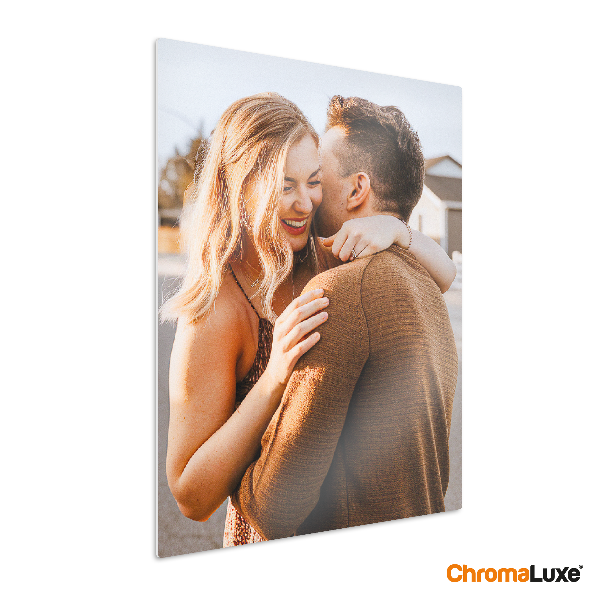 Personalized aluminum Instagram photo collage printed with a photo of a smiling couple hugging